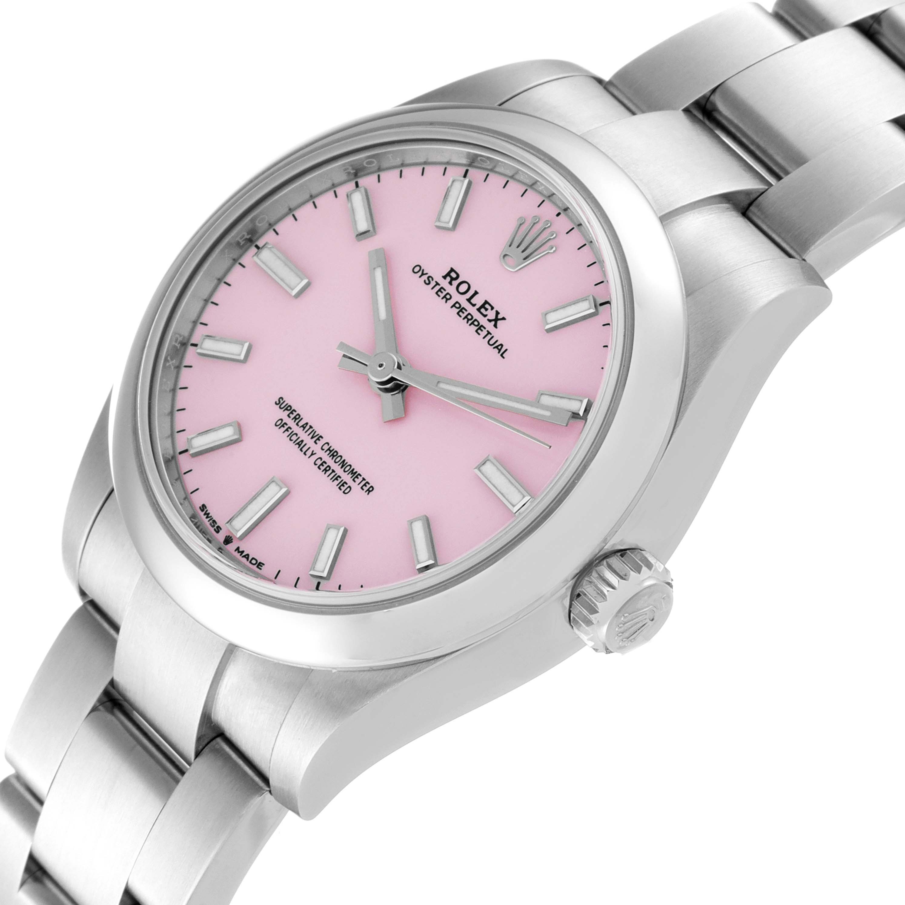 The image shows a Rolex Mid-Size 42109 Women's Stainless Steel Pink Dial 42109 Women's Stainless Steel Pink Dial Oyster Perpetual watch at an angle highlighting the pink dial, silver bracelet, and crown.