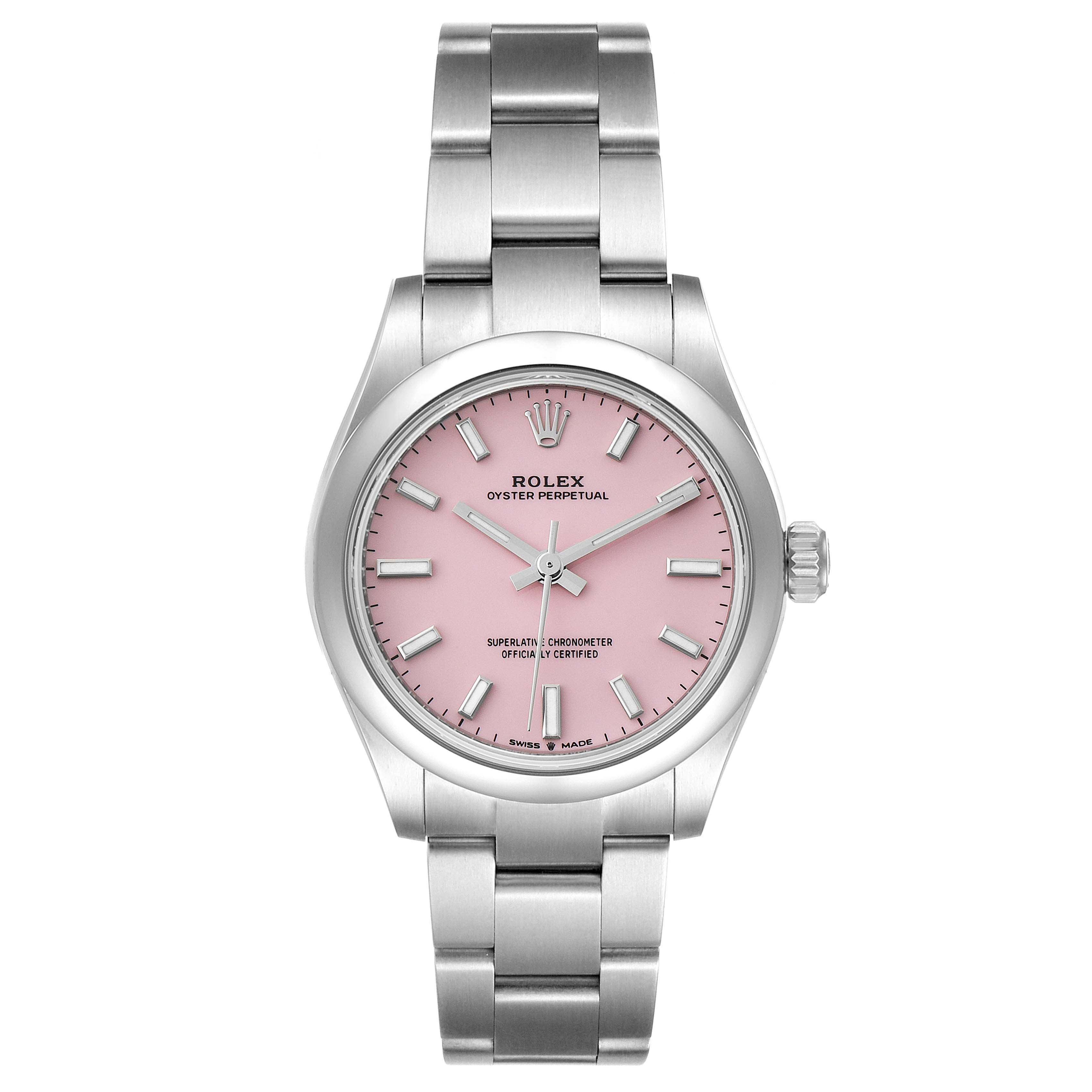 This is a front view of the Rolex Mid-Size 42109 Women's Stainless Steel Pink Dial 42109 Women's Stainless Steel Pink Dial Oyster Perpetual watch displaying its pink dial, stainless steel case, and bracelet.