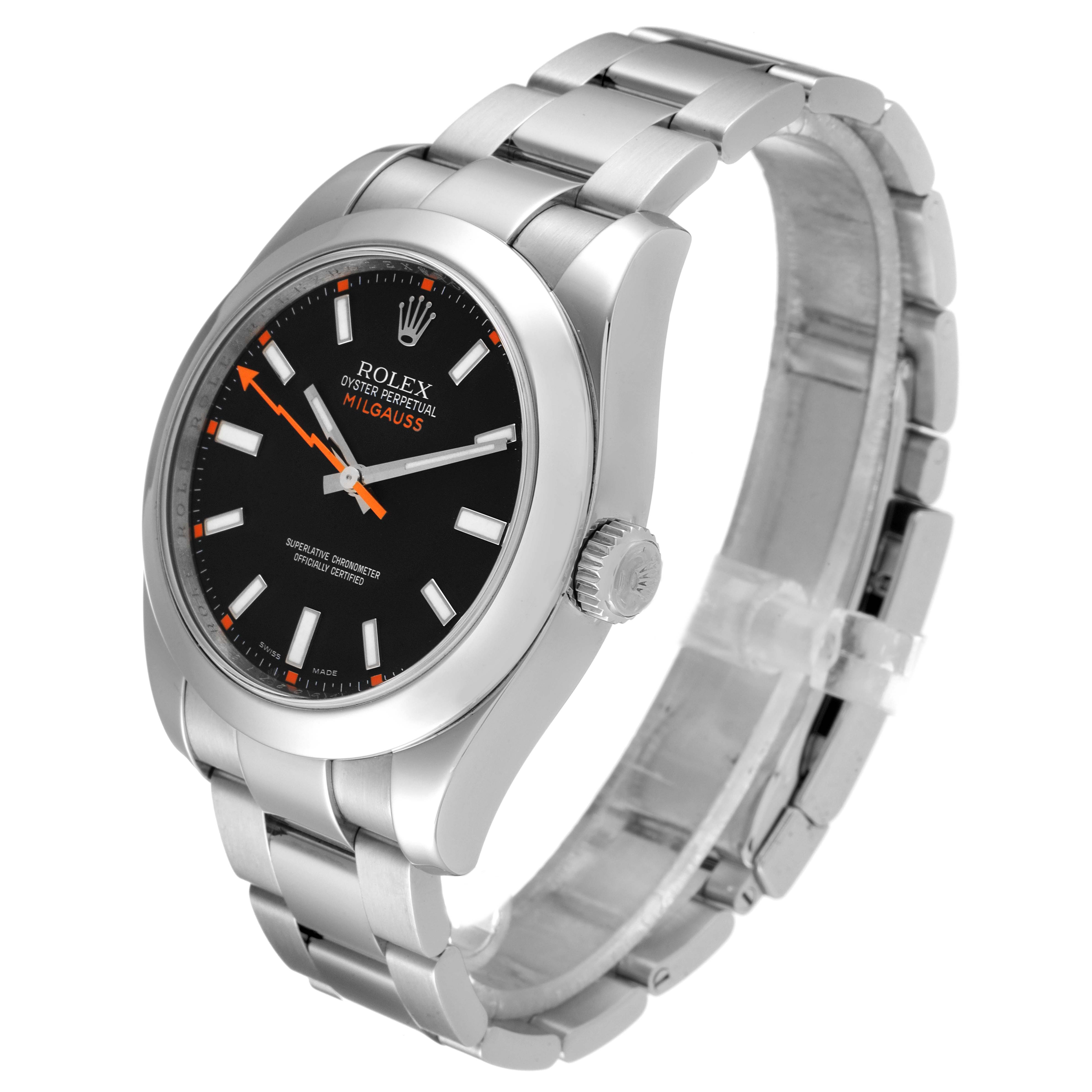 The image shows a side and front view of a Rolex Milgauss 116400 Men
s Stainless Steel Black Dial 116400 Men
s Stainless Steel Black Dial watch, highlighting its black dial and stainless steel bracelet.