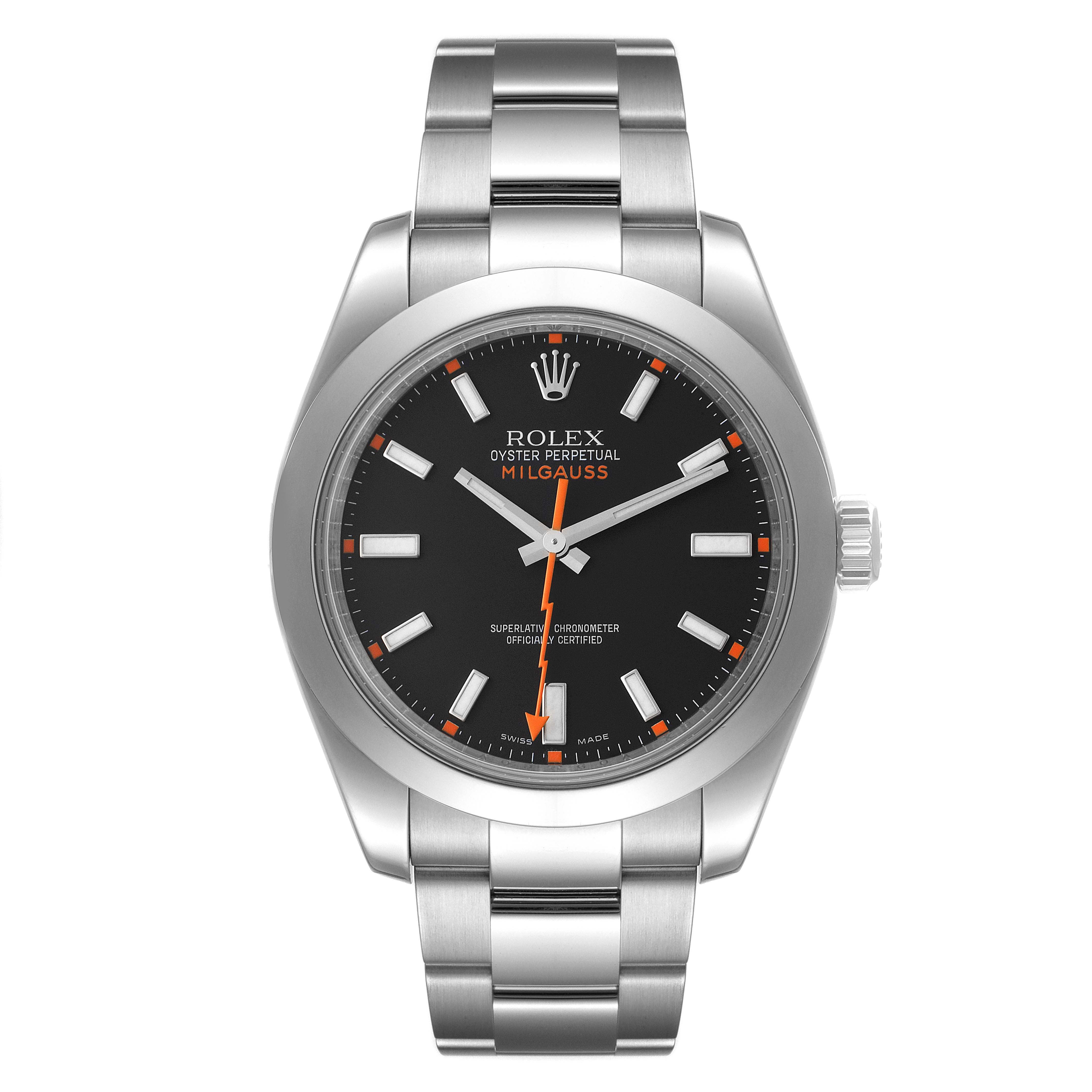 The image shows a front view of a Rolex Milgauss 116400 Men
s Stainless Steel Black Dial 116400 Men
s Stainless Steel Black Dial watch, highlighting the watch face, hands, and bracelet.