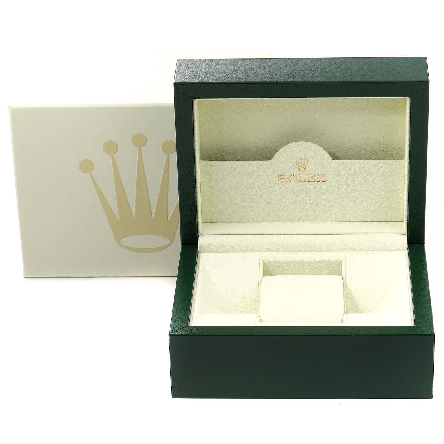 The image shows an open Rolex Milgauss 116400 Men
s Stainless Steel Black Dial 116400 Men
s Stainless Steel Black Dial watch box from a front angle, with an outer box behind it.