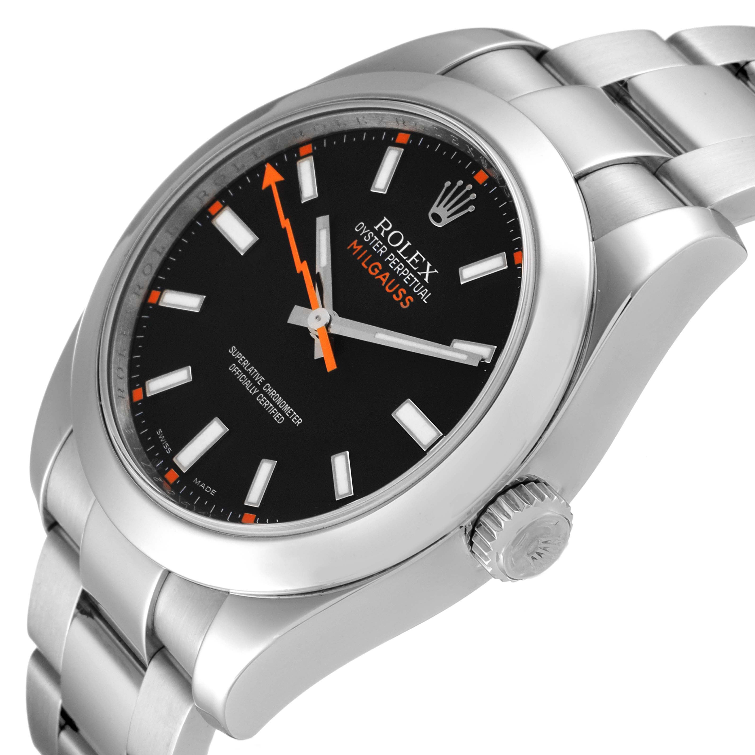 The image shows a Rolex Milgauss 116400 Men
s Stainless Steel Black Dial 116400 Men
s Stainless Steel Black Dial watch from a three-quarter angle, highlighting the dial, bezel, crown, and bracelet.