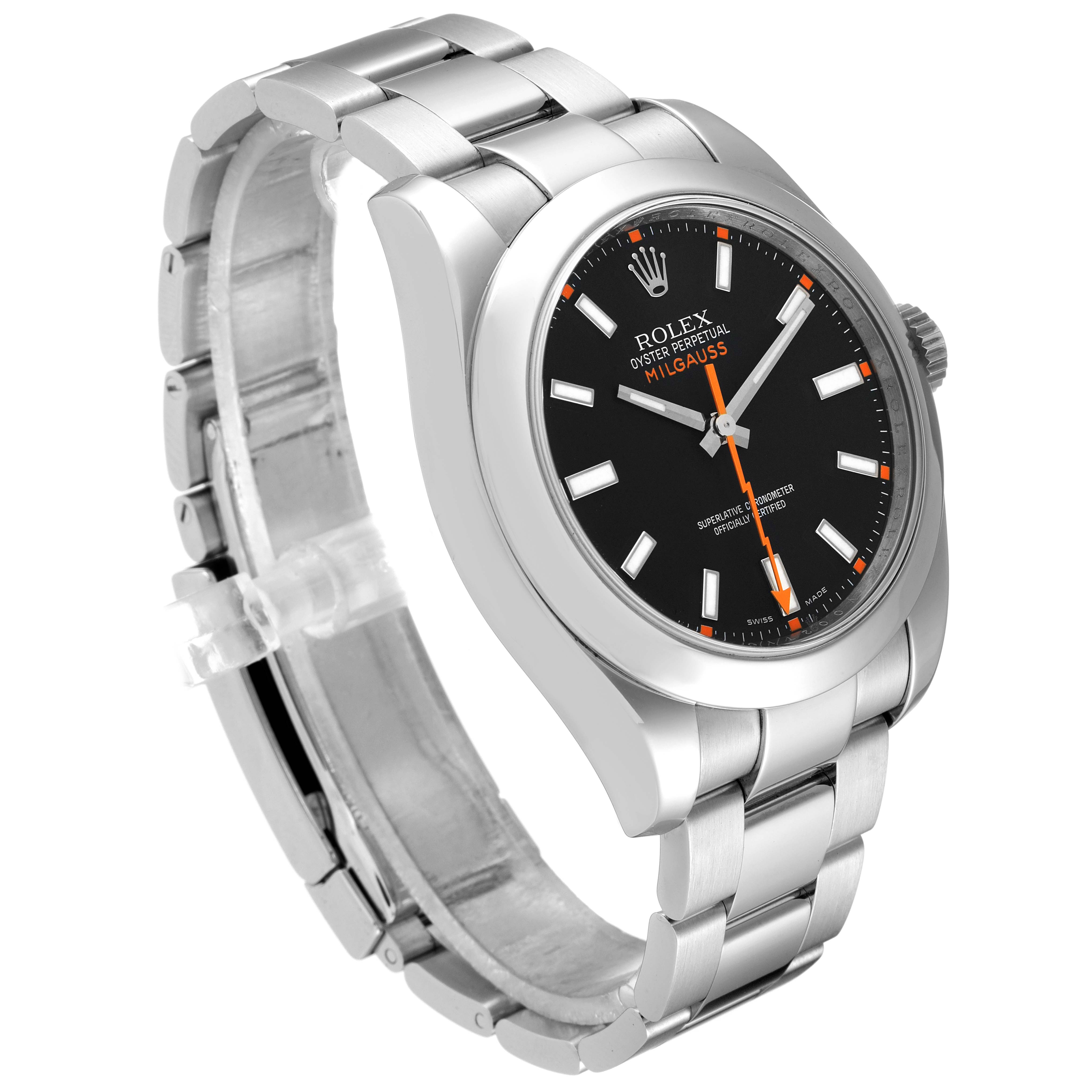 The Rolex Milgauss 116400 Men
s Stainless Steel Black Dial 116400 Men
s Stainless Steel Black Dial watch is shown at a tilted side angle, displaying its face, bezel, and bracelet.