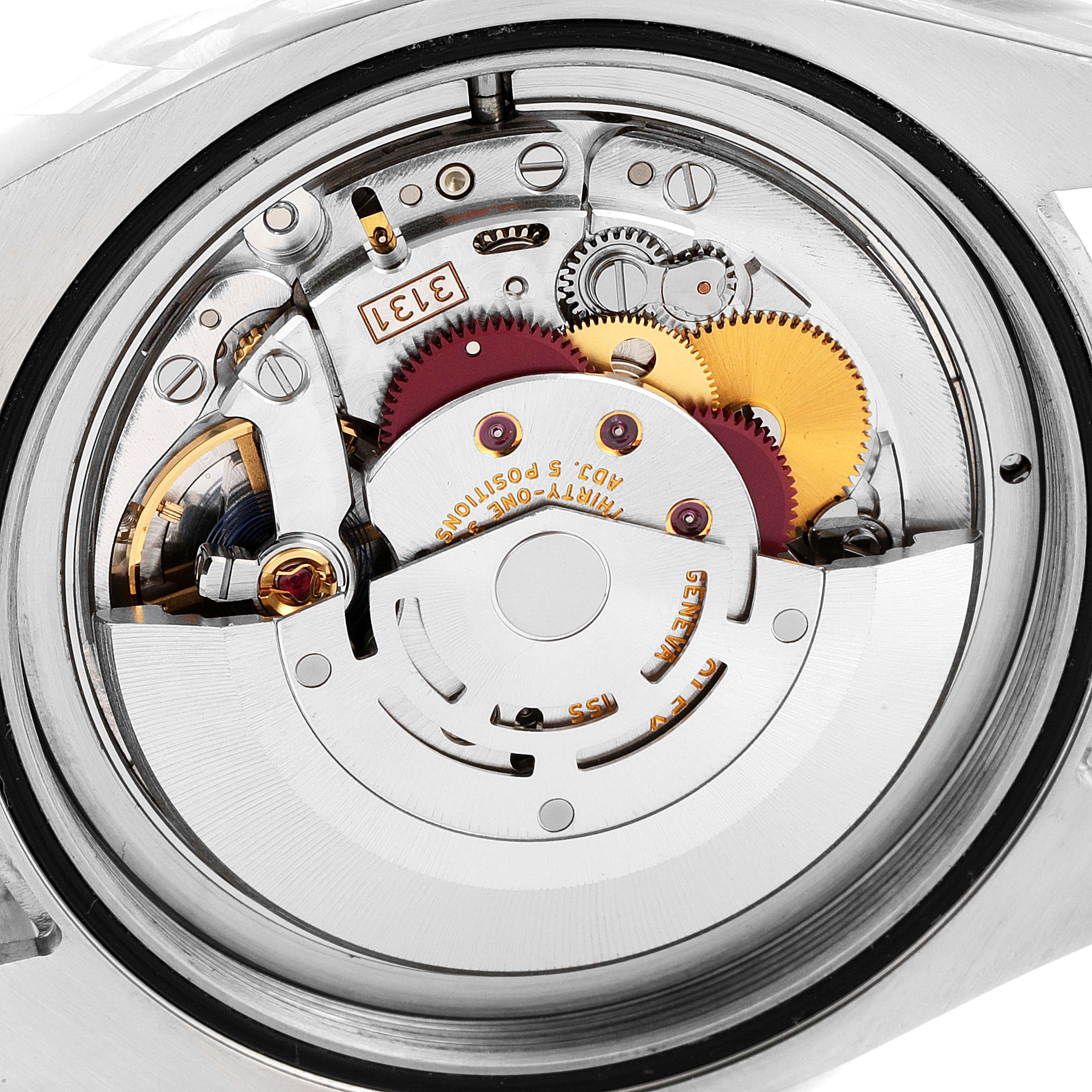 This image shows the internal mechanism and movement components of a Rolex Milgauss 116400 Men
s Stainless Steel Black Dial 116400 Men
s Stainless Steel Black Dial watch from a close-up angle.