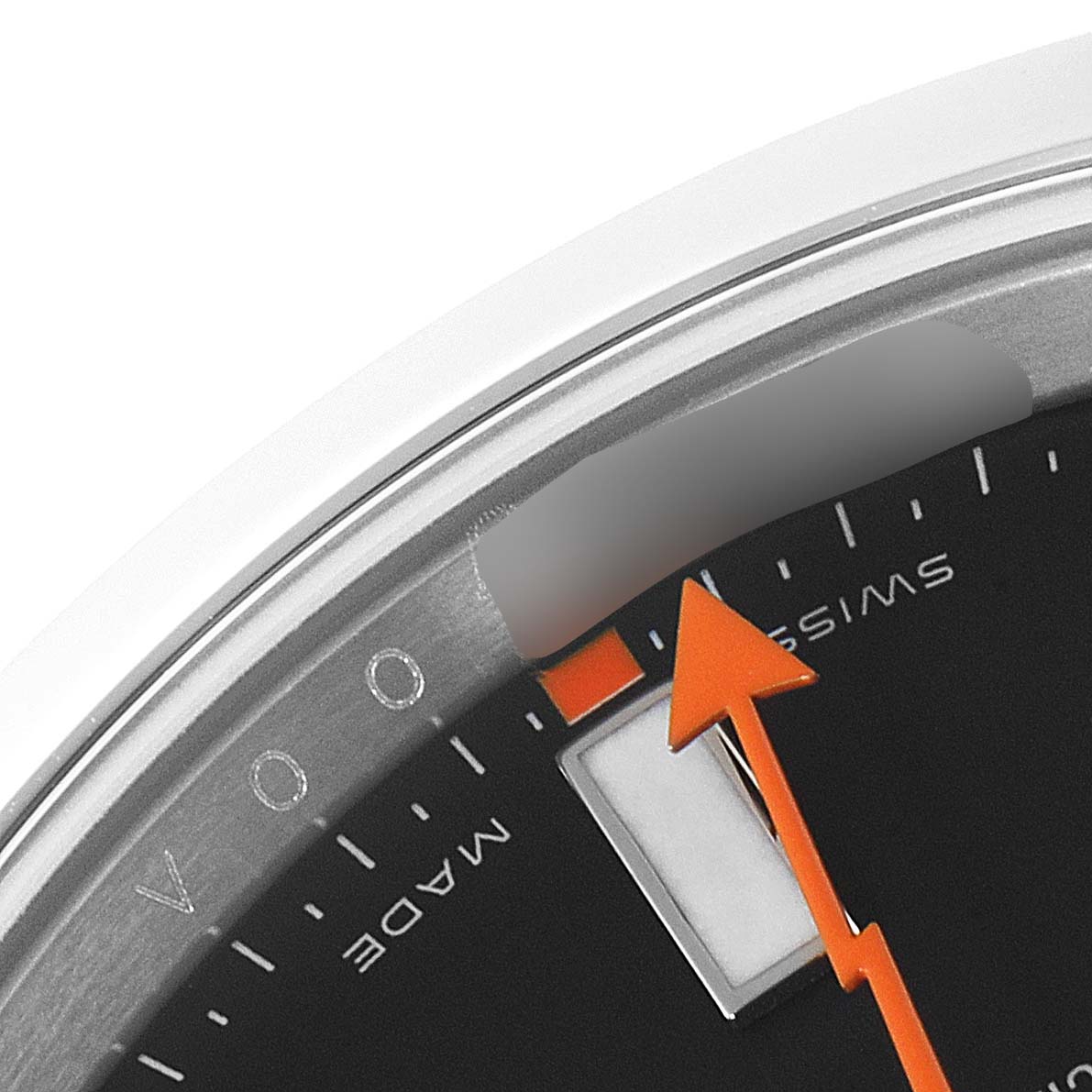 The close-up shows part of the dial, the orange lightning bolt second hand, and some hour markers of the Rolex Milgauss 116400 Men
s Stainless Steel Black Dial 116400 Men
s Stainless Steel Black Dial watch.