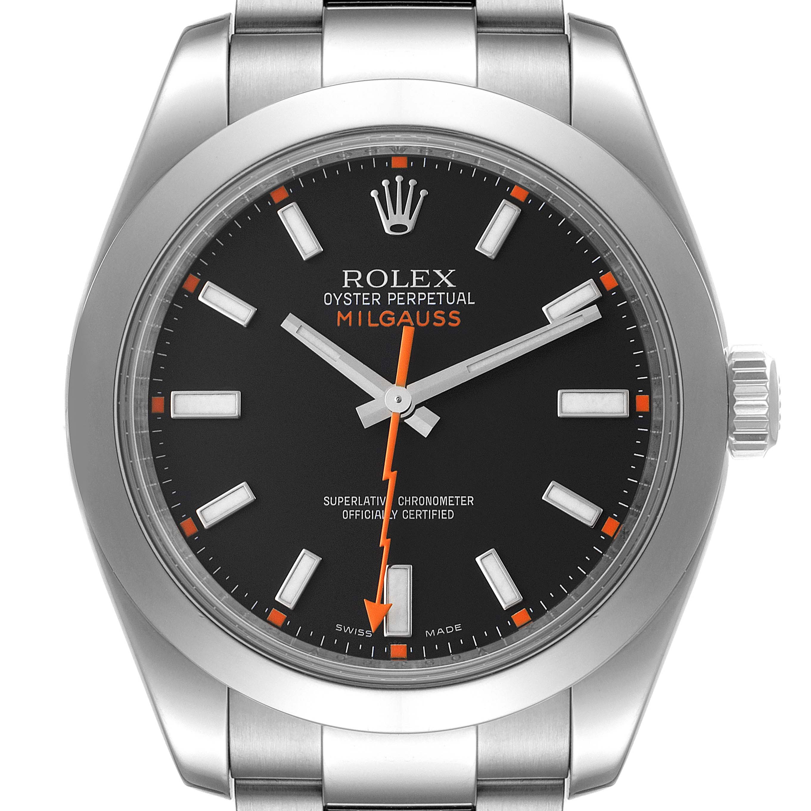 This Rolex Milgauss 116400 Men
s Stainless Steel Black Dial 116400 Men
s Stainless Steel Black Dial watch is shown from a front angle, highlighting its black dial, orange accents, and stainless steel bracelet.