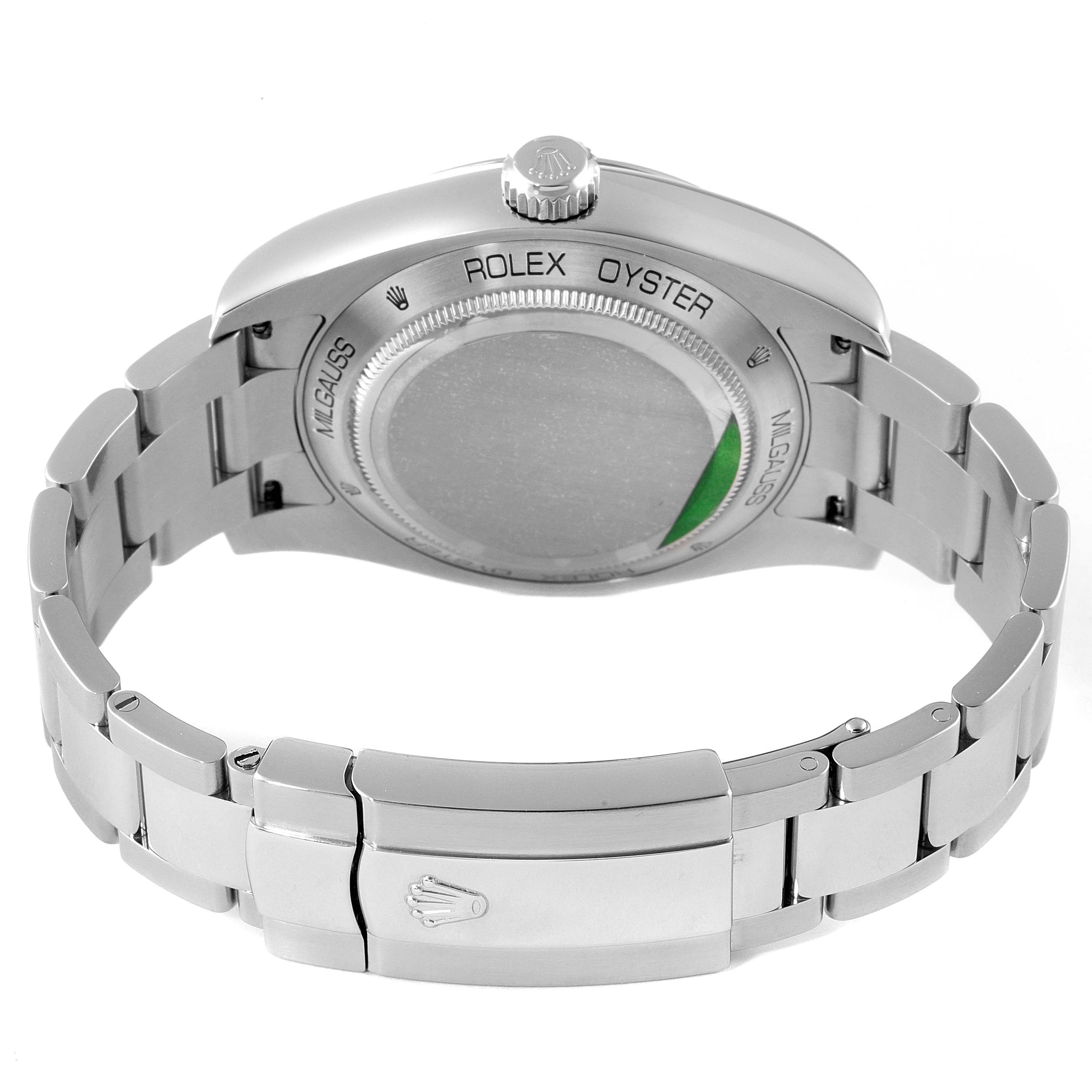 The image shows the back view of the bracelet, clasp, and case back of a Rolex Milgauss 116400V Men
s Stainless Steel Black Dial 116400V Men
s Stainless Steel Black Dial watch.