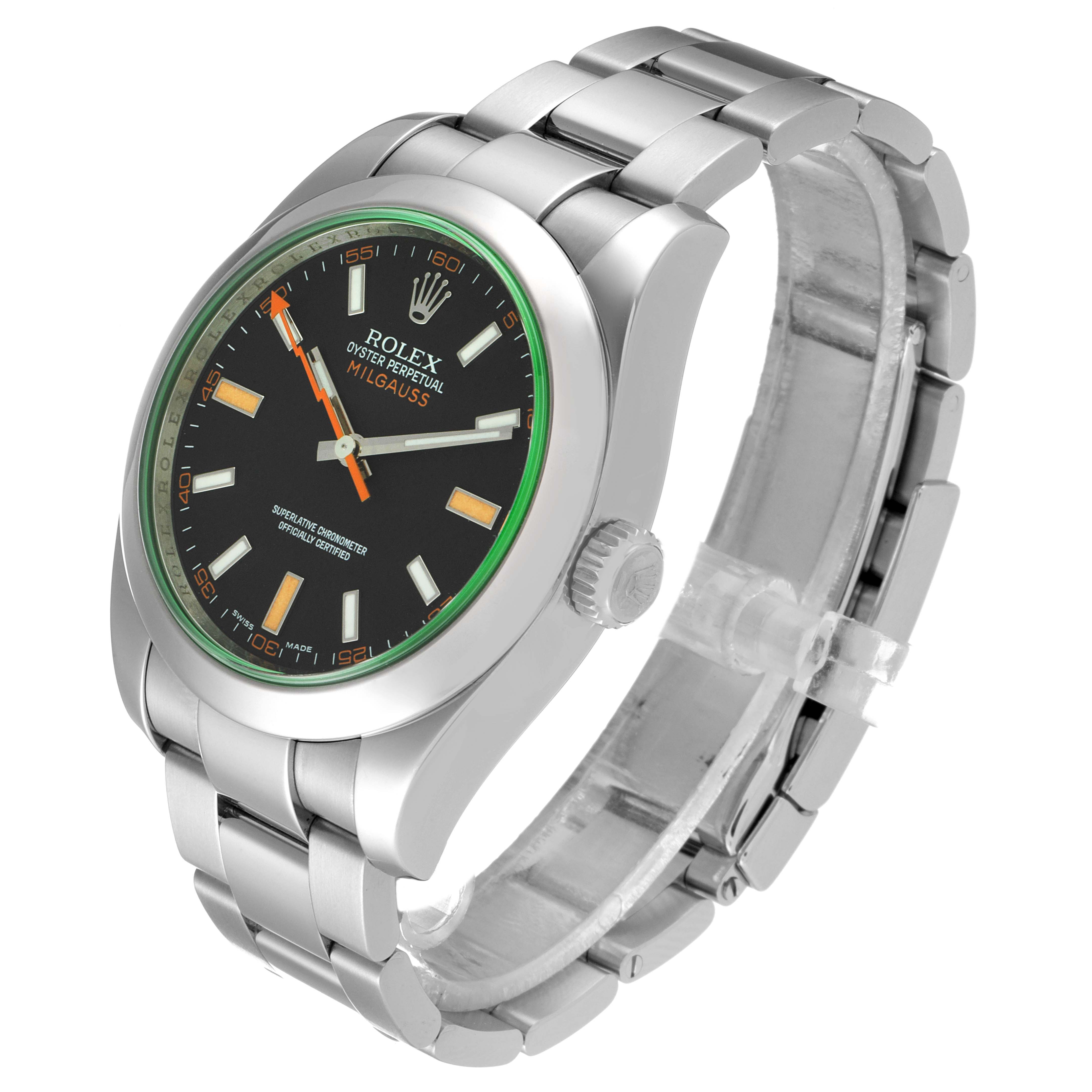The Rolex Milgauss 116400V Men
s Stainless Steel Black Dial 116400V Men
s Stainless Steel Black Dial watch is shown at a three-quarter angle, displaying the face, bezel, crown, and partially the bracelet.