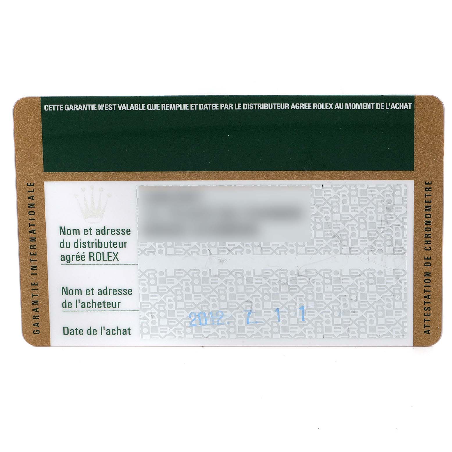 The image shows the warranty card for the Rolex Milgauss 116400V Men
s Stainless Steel Black Dial 116400V Men
s Stainless Steel Black Dial model.