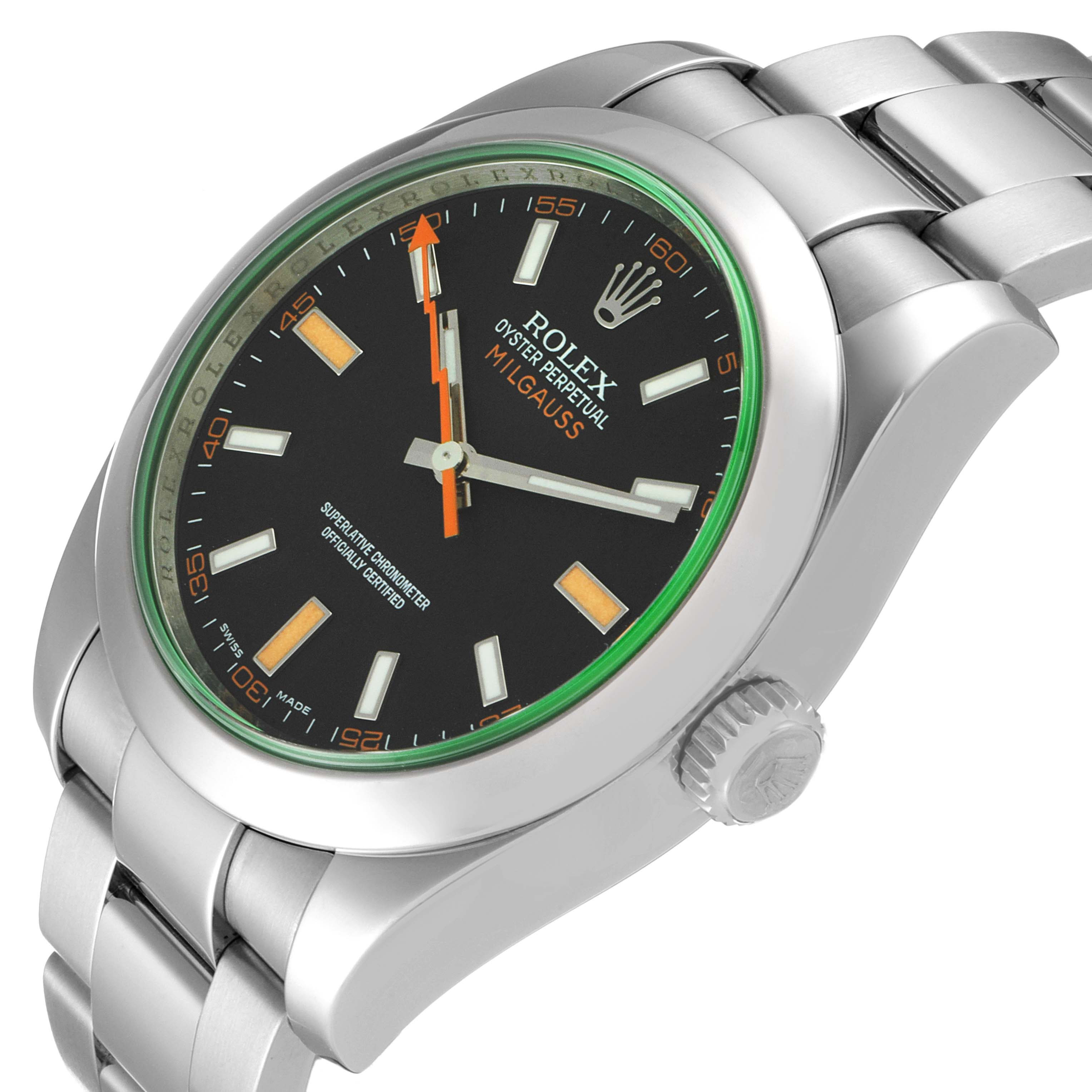 The Rolex Milgauss 116400V Men
s Stainless Steel Black Dial 116400V Men
s Stainless Steel Black Dial watch is shown at an angle highlighting the face, bezel, crown, and part of the bracelet.