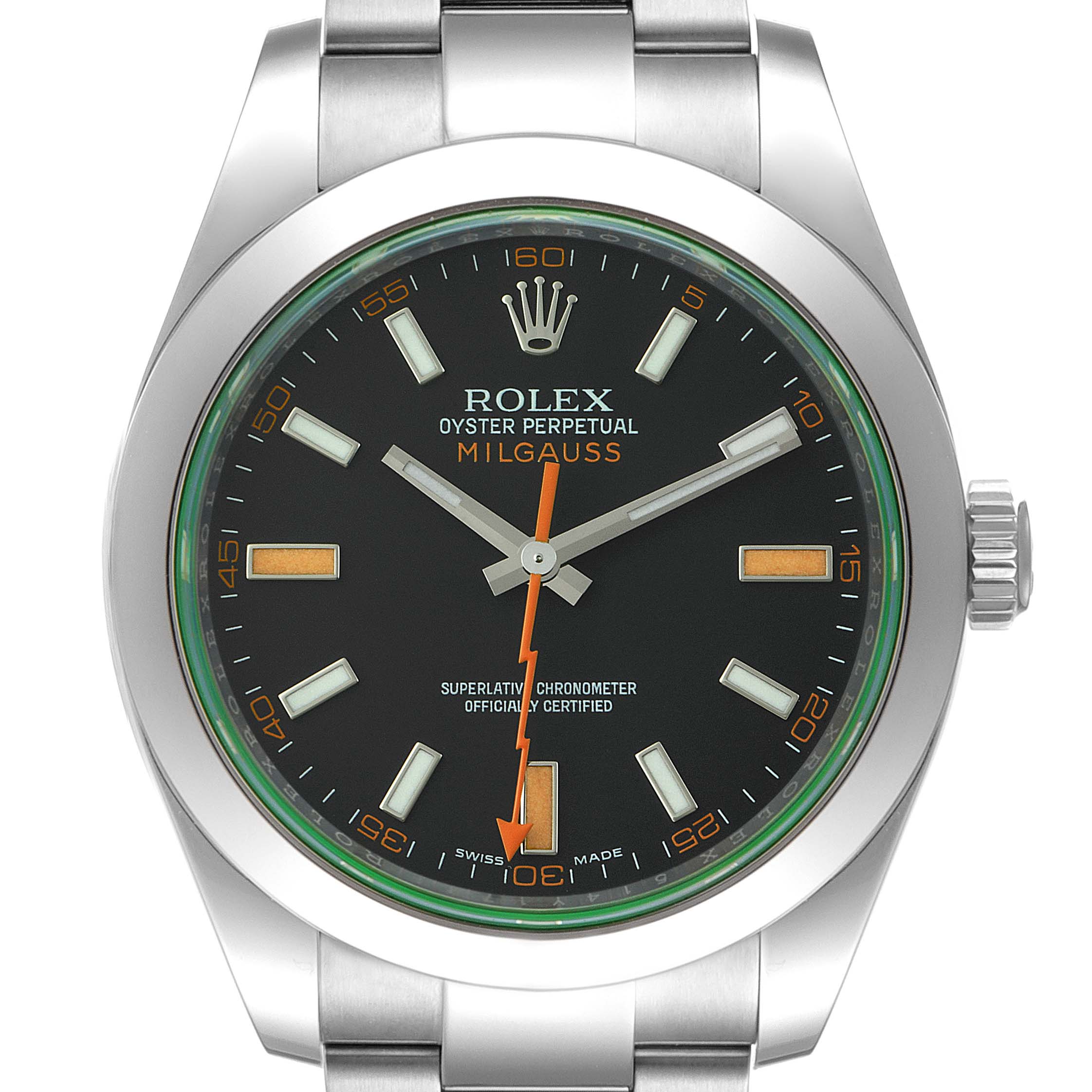 The image shows the face of a Rolex Milgauss 116400V Men
s Stainless Steel Black Dial 116400V Men
s Stainless Steel Black Dial watch from a front angle, highlighting its dial, hands, and part of the bracelet.