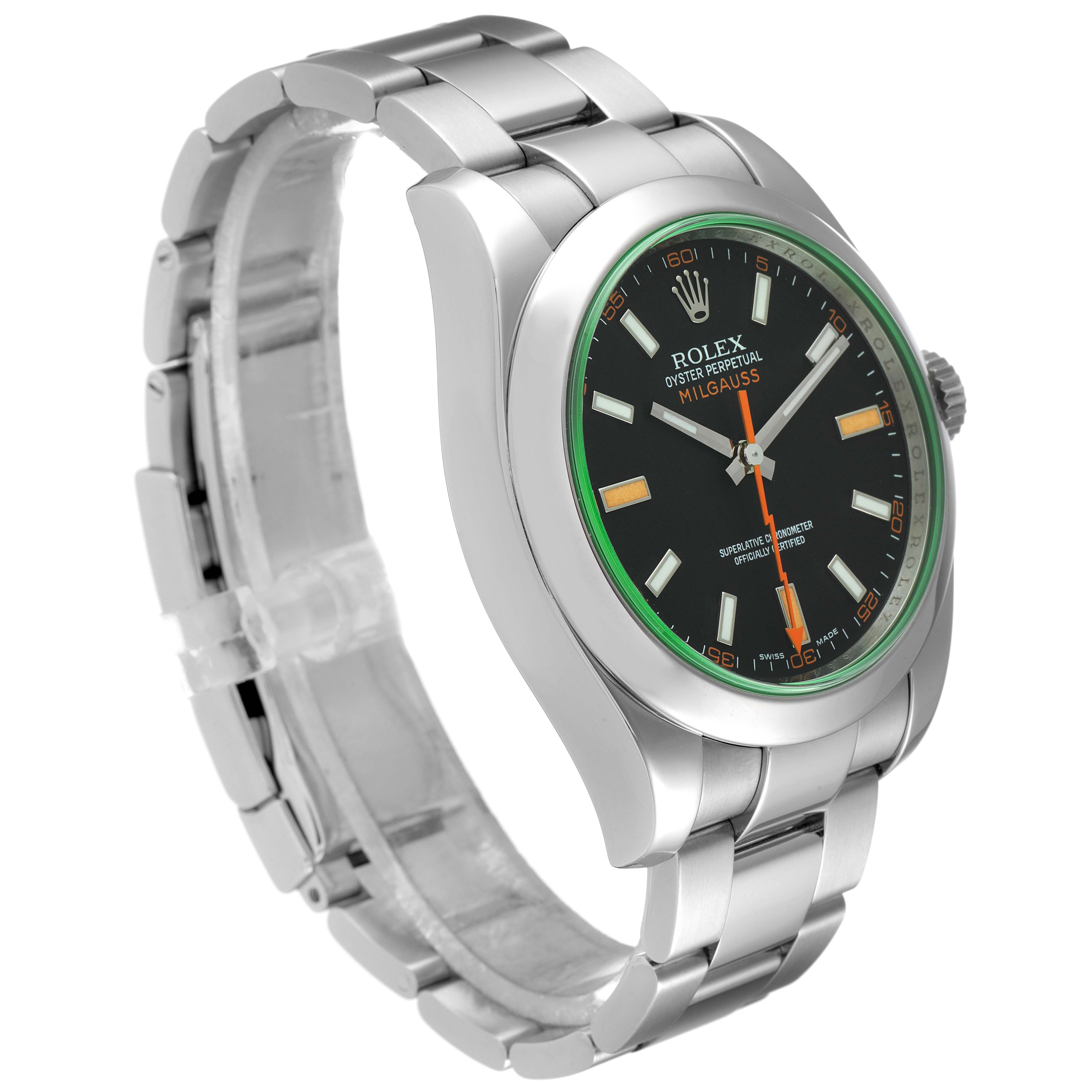 The Rolex Milgauss 116400V Men
s Stainless Steel Black Dial 116400V Men
s Stainless Steel Black Dial watch is shown at a slight angle, displaying its face, bezel, bracelet, and crown.