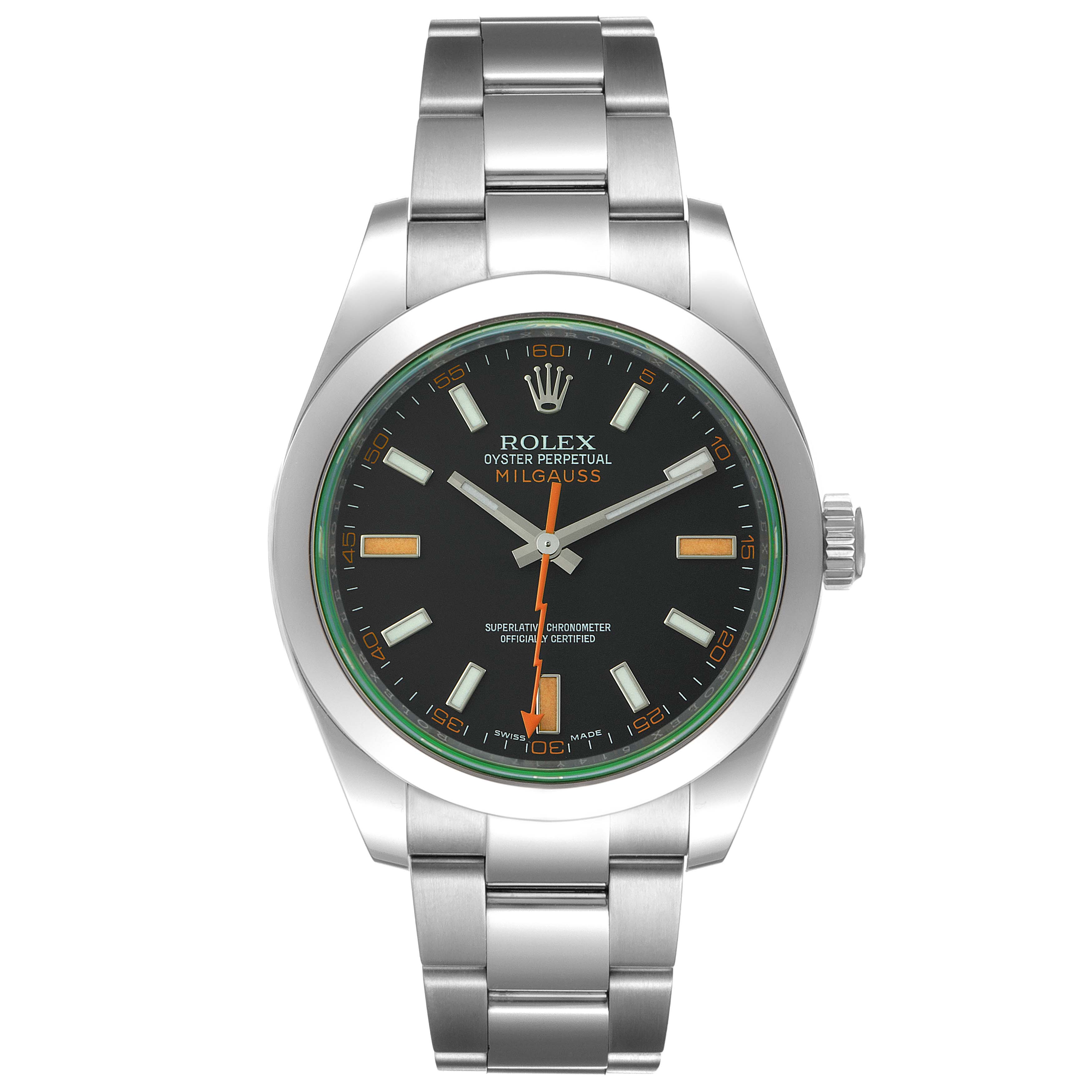 This image shows a front view of the Rolex Milgauss 116400V Men
s Stainless Steel Black Dial 116400V Men
s Stainless Steel Black Dial watch, displaying its dial, bezel, crown, and stainless steel bracelet.