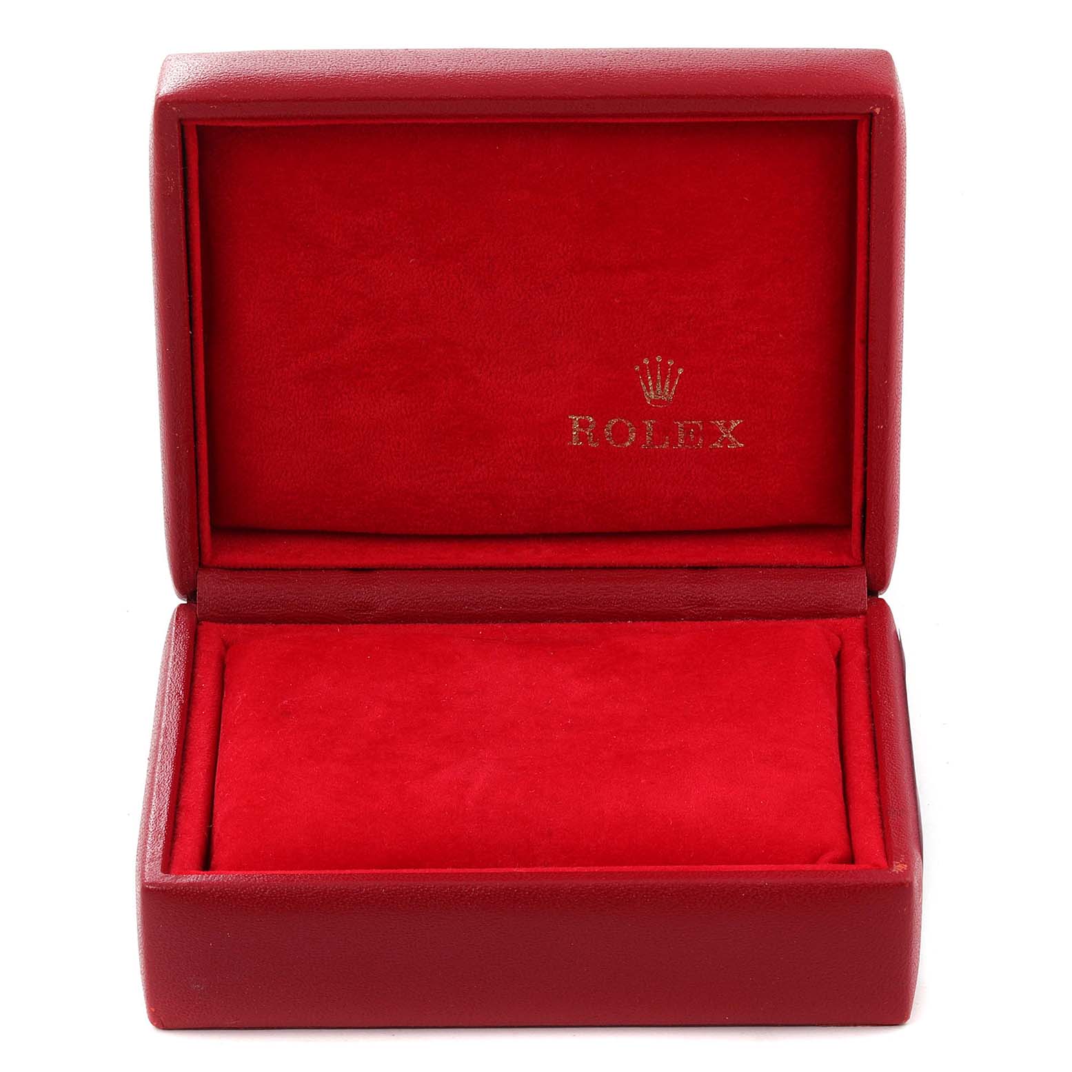 This image shows an open Rolex watch box with a red velvet interior, typically used for the Oyster Perpetual model.
