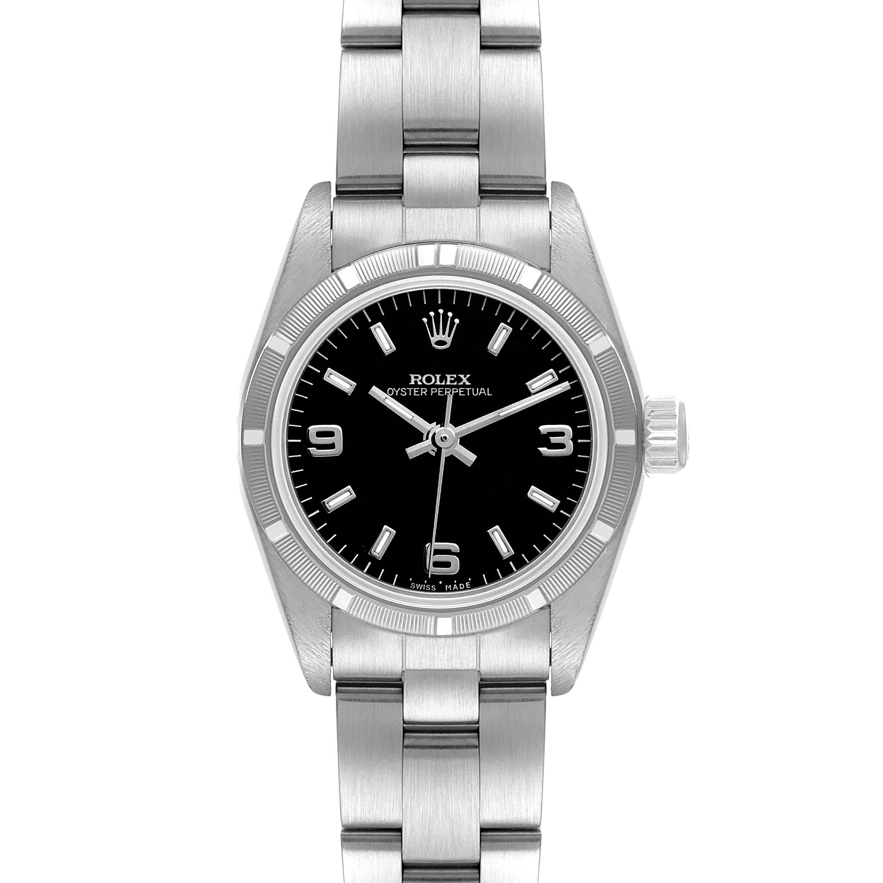 This Rolex Oyster Perpetual 67230 Women's Stainless Steel Black Dial 67230 Women's Stainless Steel Black Dial watch is shown from a front angle displaying its face, case, bezel, and bracelet.