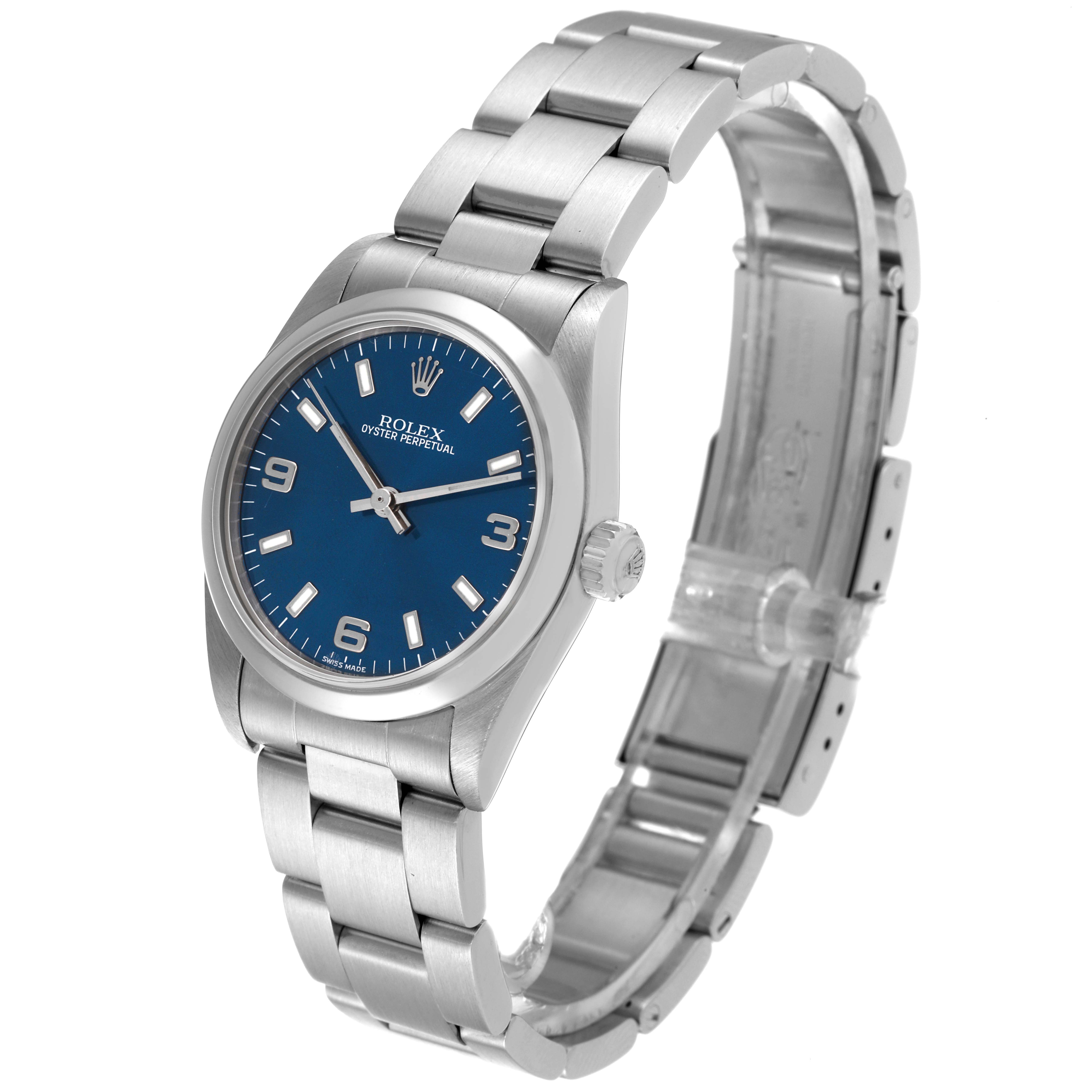 This image shows a Rolex Mid-Size 77080 Women
s Stainless Steel Blue Dial 77080 Women
s Stainless Steel Blue Dial Oyster Perpetual watch angled to display its face and bracelet.