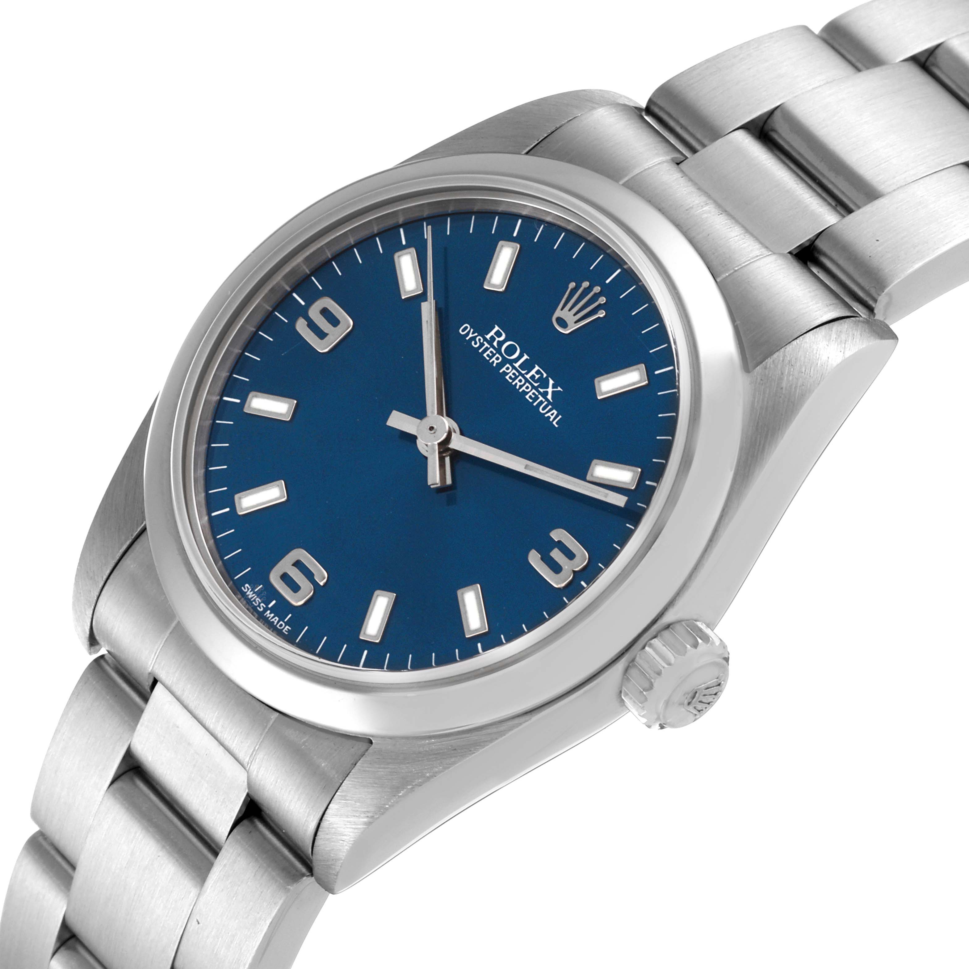 The Rolex Mid-Size 77080 Women
s Stainless Steel Blue Dial 77080 Women
s Stainless Steel Blue Dial Oyster Perpetual watch is shown at a slight angle, highlighting the face, crown, and part of the bracelet.
