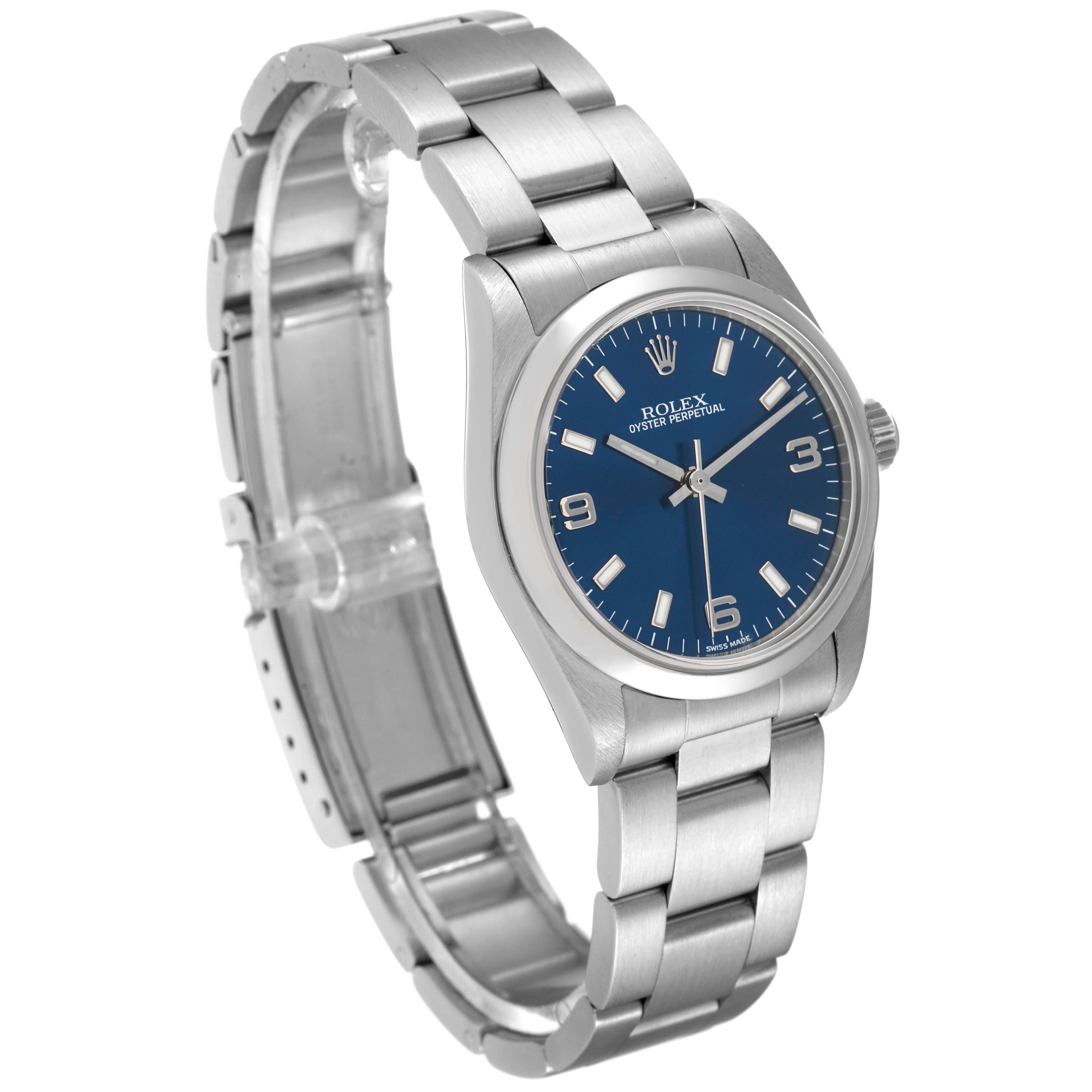 This image shows a side angle of a Rolex Mid-Size 77080 Women
s Stainless Steel Blue Dial 77080 Women
s Stainless Steel Blue Dial Oyster Perpetual watch, highlighting its bracelet and blue dial.