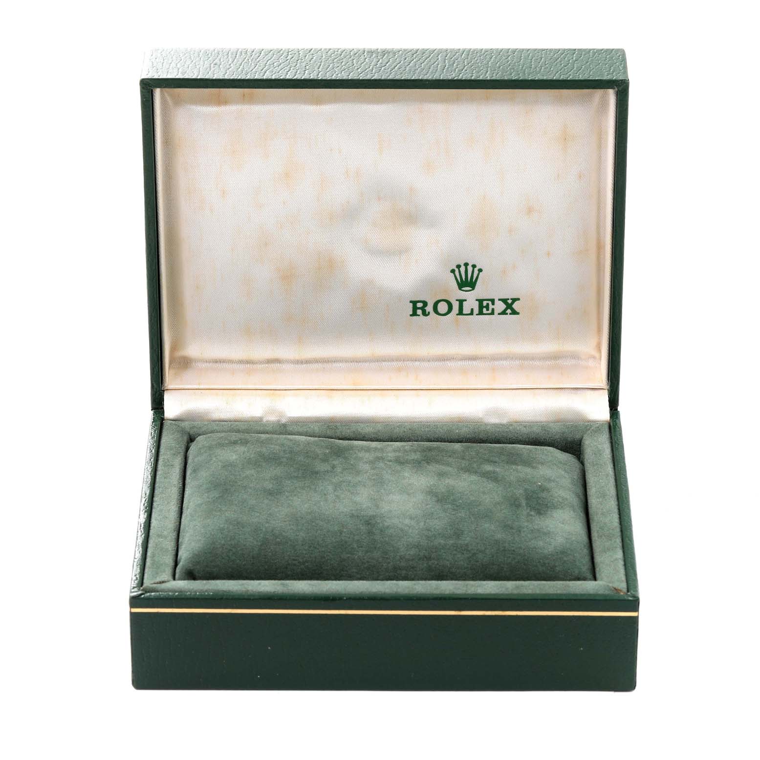 The image shows an empty Rolex watch box for a Mid-Size model, viewed from the front with the lid open.