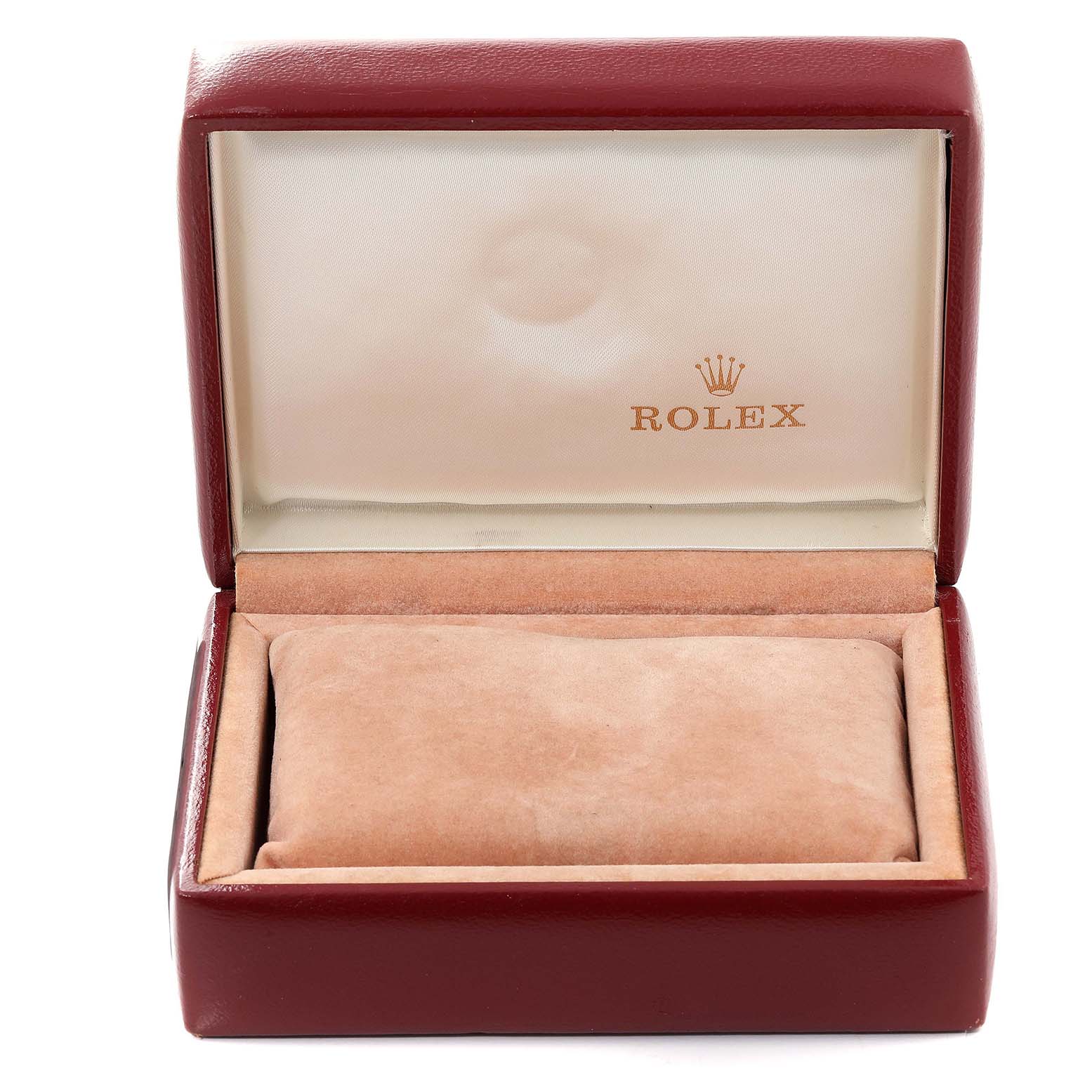 This is a straight-on view of an empty Rolex Oyster Perpetual 67243 Women's Steel and Gold (two tone) Champagne Dial 67243 Women's Steel and Gold (two tone) Champagne Dial watch box with the brand logo visible inside the lid.