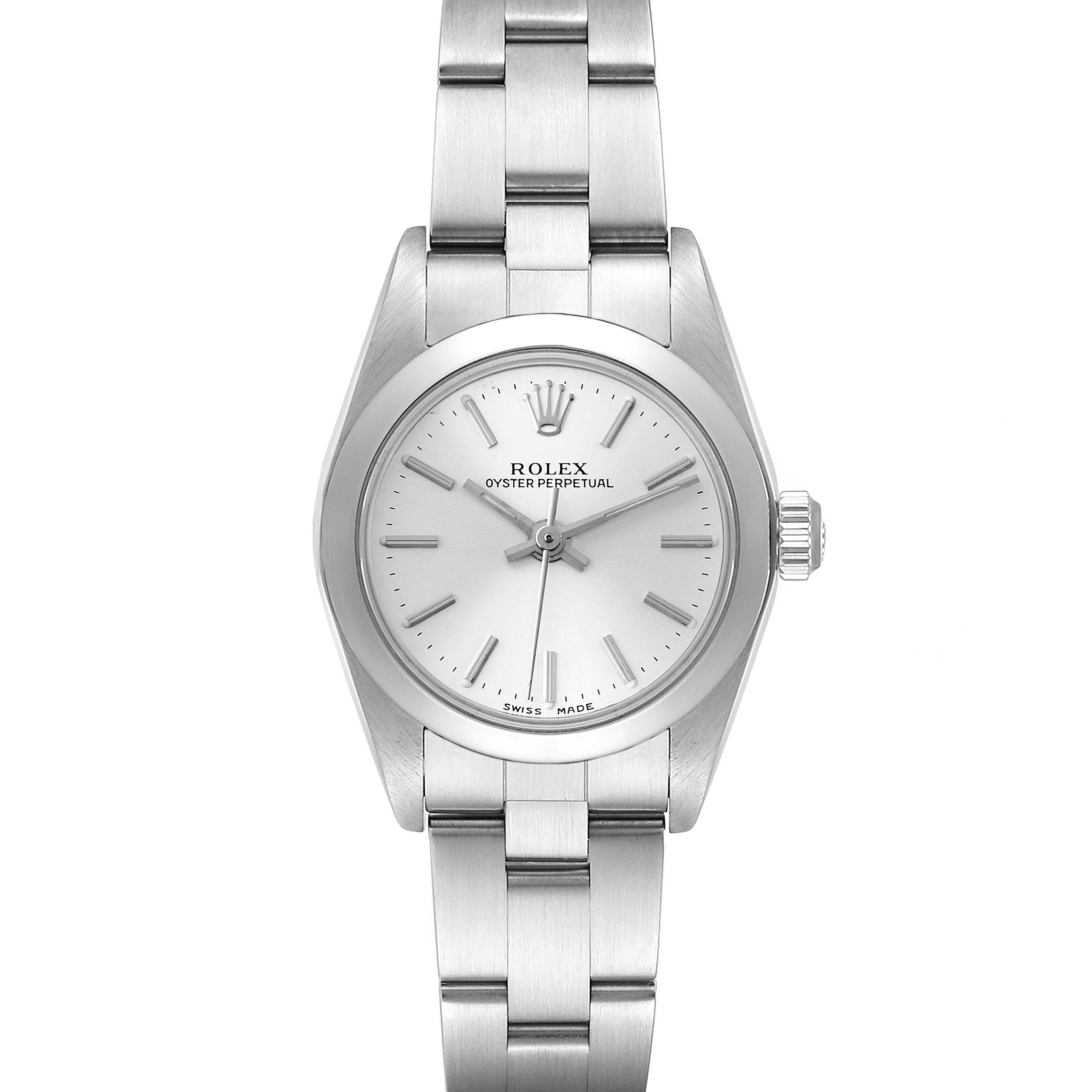 The image shows a front view of a Rolex Oyster Perpetual 76080 Women's Stainless Steel Silver Dial 76080 Women's Stainless Steel Silver Dial watch, displaying the dial, bracelet, and crown.