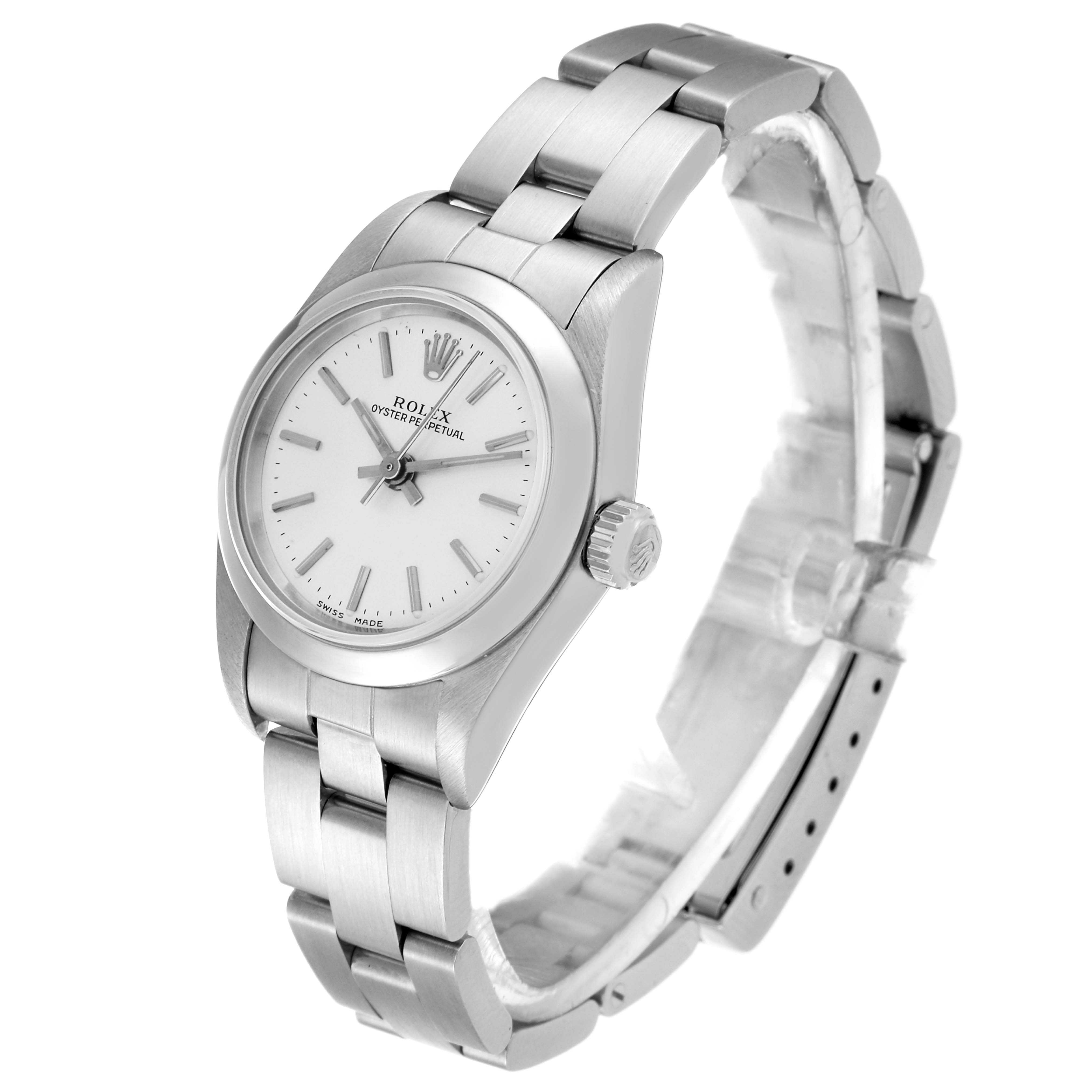 This image shows a Rolex Oyster Perpetual 76080 Women's Stainless Steel Silver Dial 76080 Women's Stainless Steel Silver Dial watch at an angled side view, including the face, bezel, crown, and part of the bracelet.