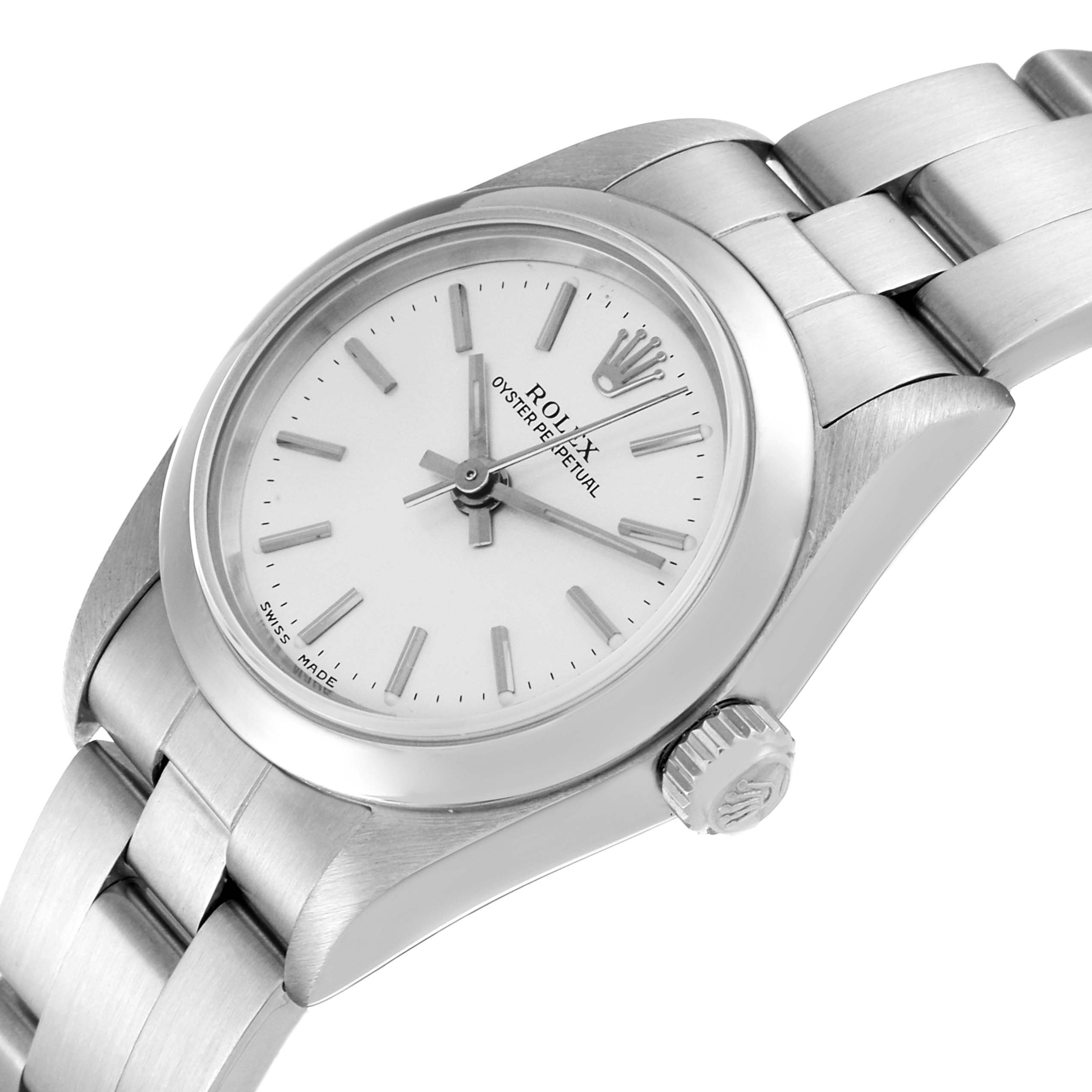 This image shows a close-up angle of the Rolex Oyster Perpetual 76080 Women's Stainless Steel Silver Dial 76080 Women's Stainless Steel Silver Dial watch, highlighting the face, bezel, crown, and part of the bracelet.