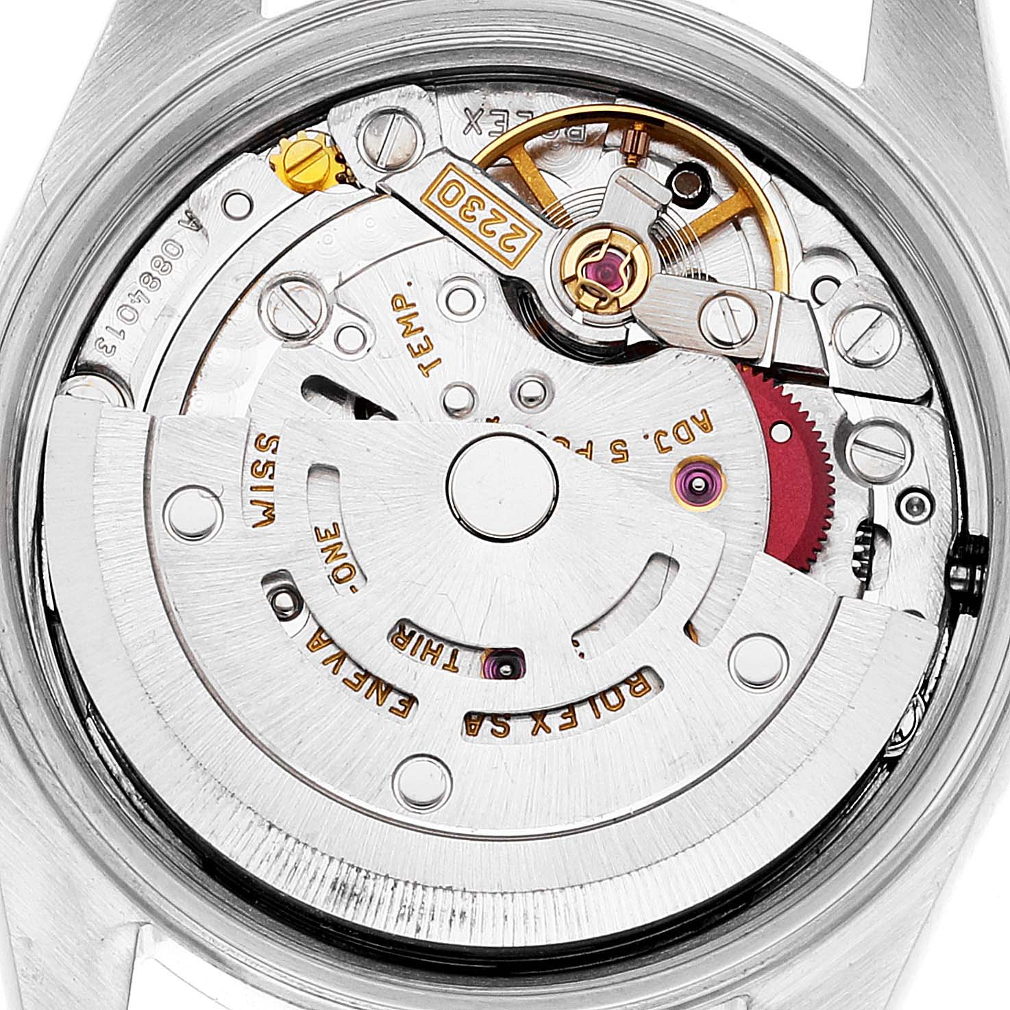 This image shows the internal automatic movement mechanisms of the Rolex Oyster Perpetual 76080 Women's Stainless Steel Silver Dial 76080 Women's Stainless Steel Silver Dial watch from a top-down angle.
