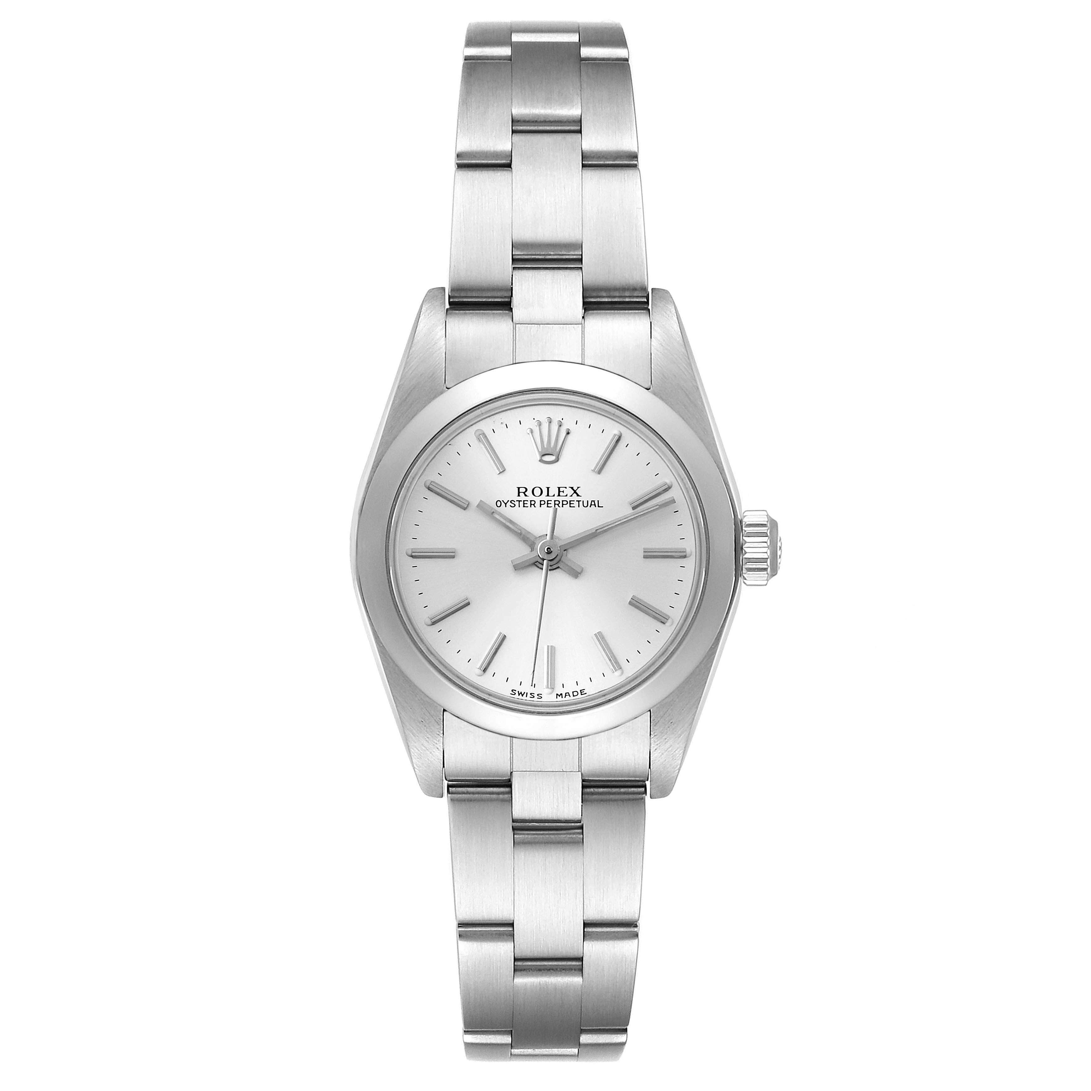 The Rolex Oyster Perpetual 76080 Women's Stainless Steel Silver Dial 76080 Women's Stainless Steel Silver Dial watch is shown from a straight top view, displaying the dial, bracelet, and crown.