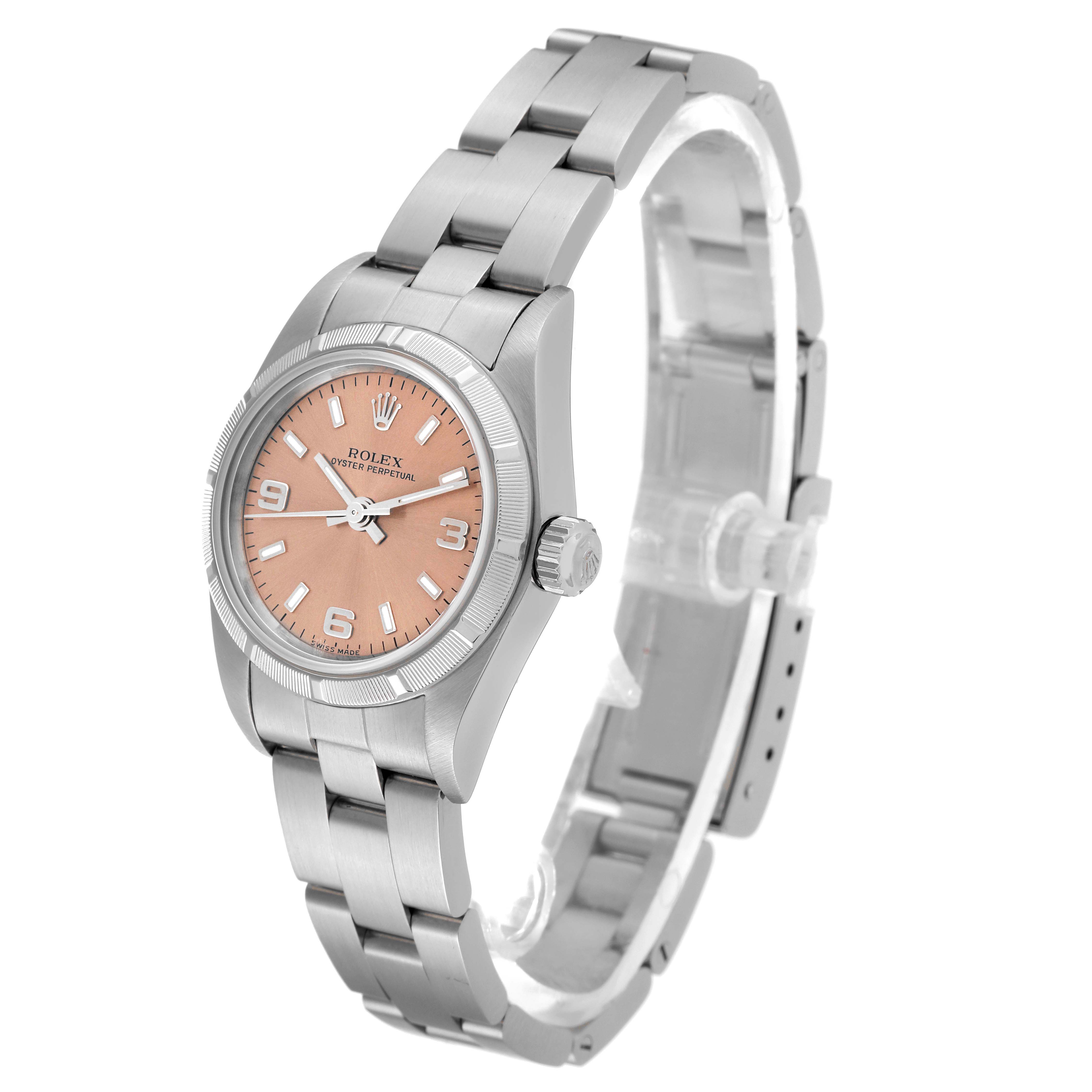 The image shows a Rolex Oyster Perpetual 76030 Women's Stainless Steel Pink Dial 76030 Women's Stainless Steel Pink Dial watch from a front angle, highlighting the dial, bezel, crown, and bracelet.