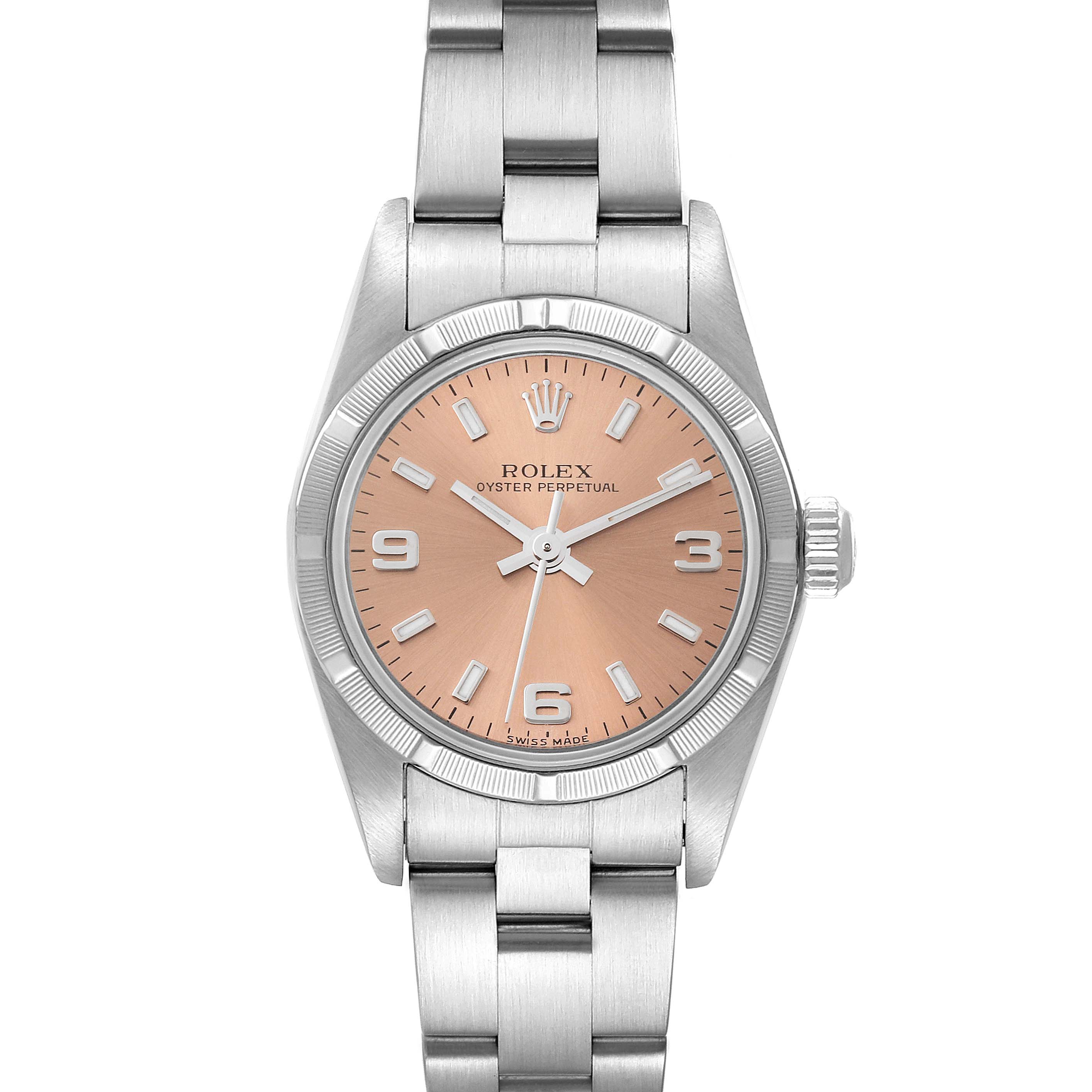 This image shows a front view of a Rolex Oyster Perpetual 76030 Women's Stainless Steel Pink Dial 76030 Women's Stainless Steel Pink Dial watch, displaying the dial, bezel, case, and bracelet.