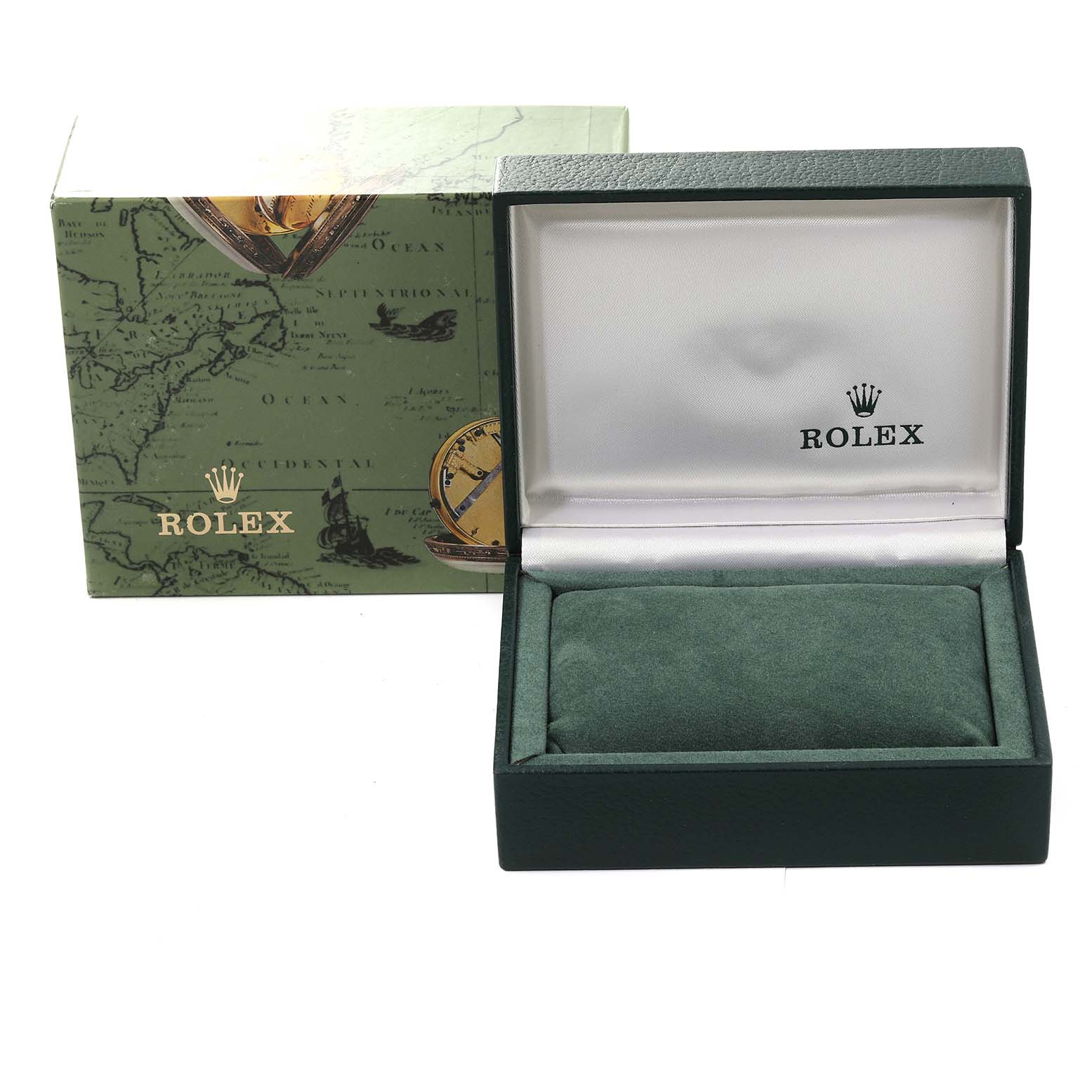 This image shows an open Rolex Oyster Perpetual 76030 Women's Stainless Steel Pink Dial 76030 Women's Stainless Steel Pink Dial watch box with the interior cushion and exterior packaging seen from the front.