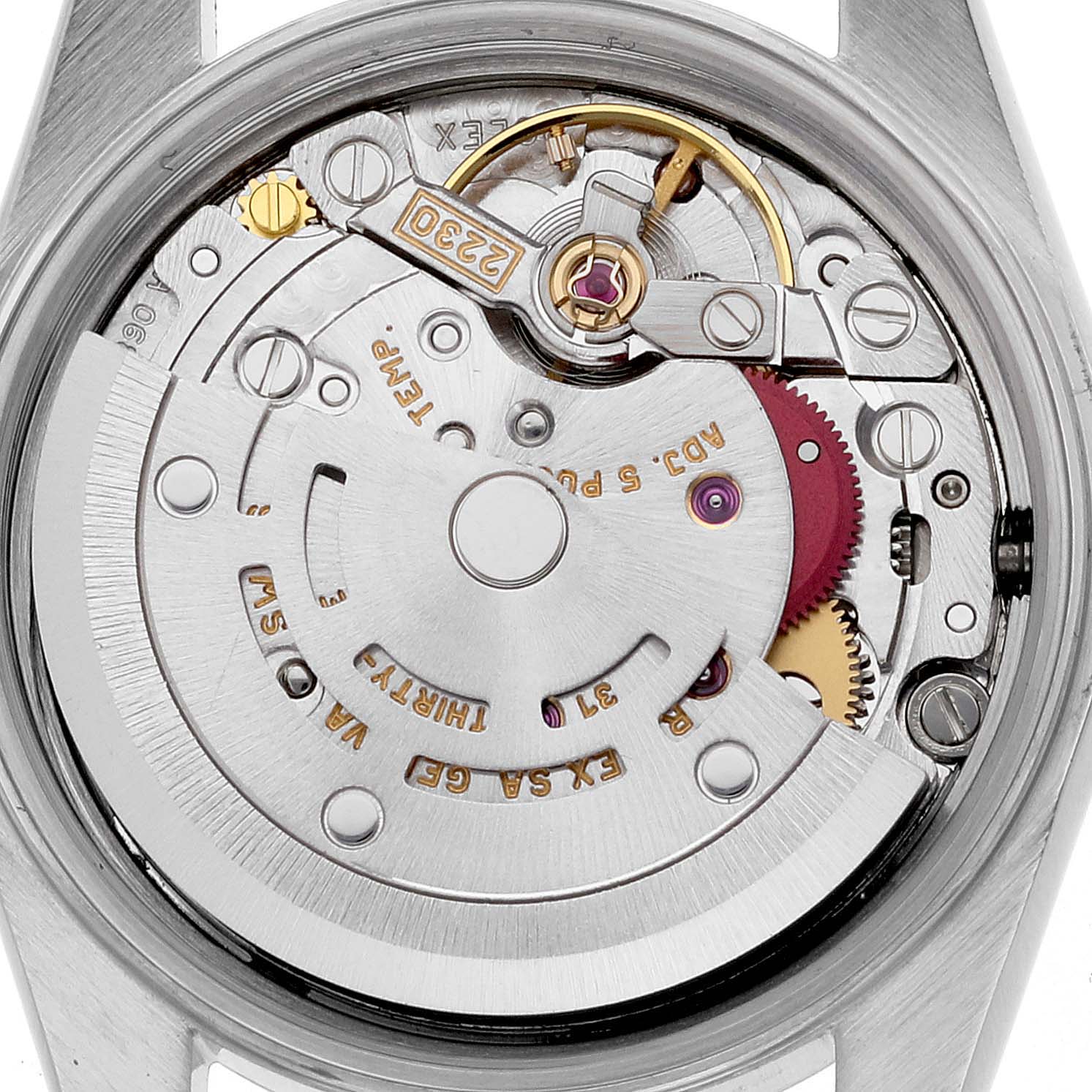 This image shows the internal mechanism of a Rolex Oyster Perpetual 76030 Women's Stainless Steel Pink Dial 76030 Women's Stainless Steel Pink Dial watch viewed from the back.
