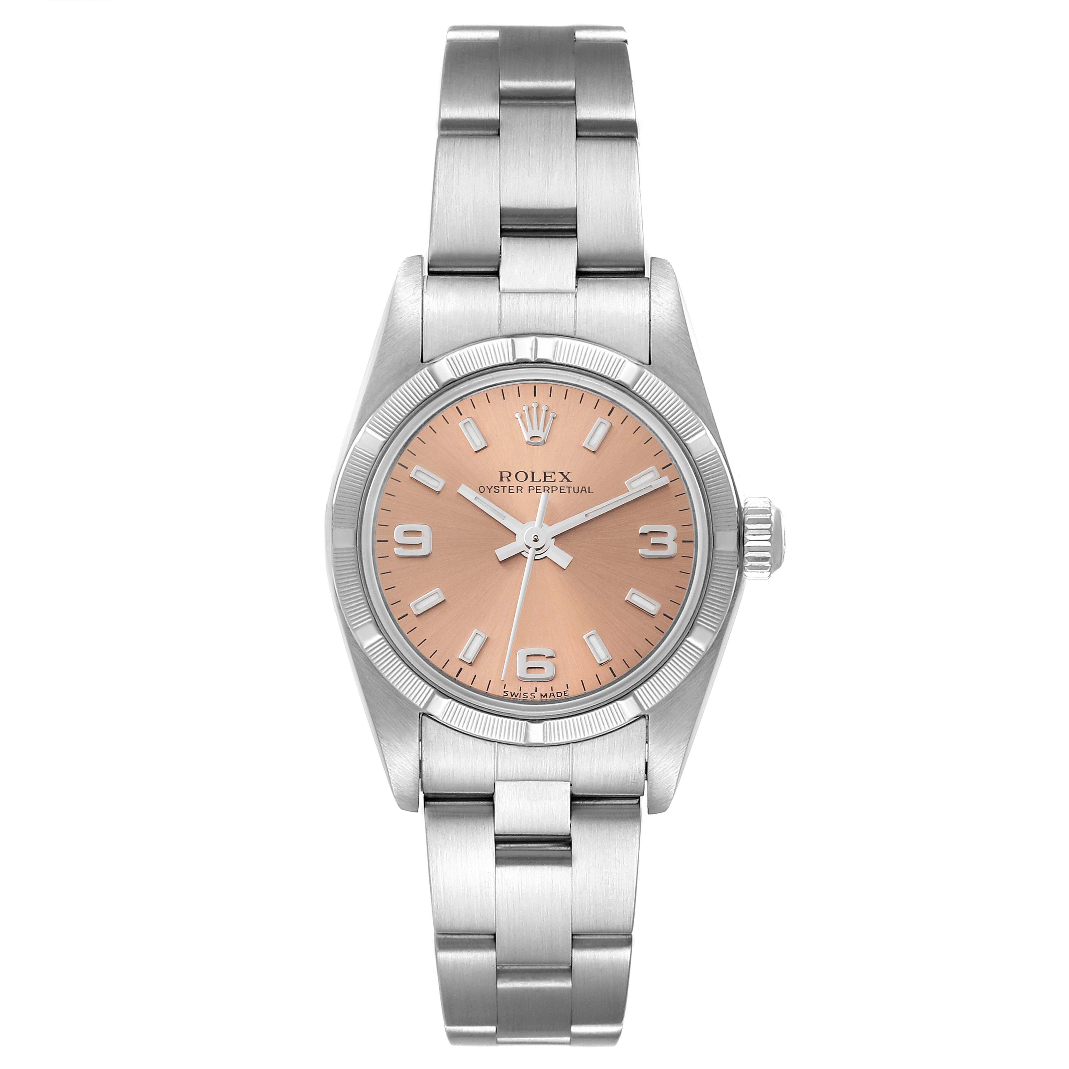 This image shows a front view of the Rolex Oyster Perpetual 76030 Women's Stainless Steel Pink Dial 76030 Women's Stainless Steel Pink Dial watch, displaying the face, case, and bracelet.