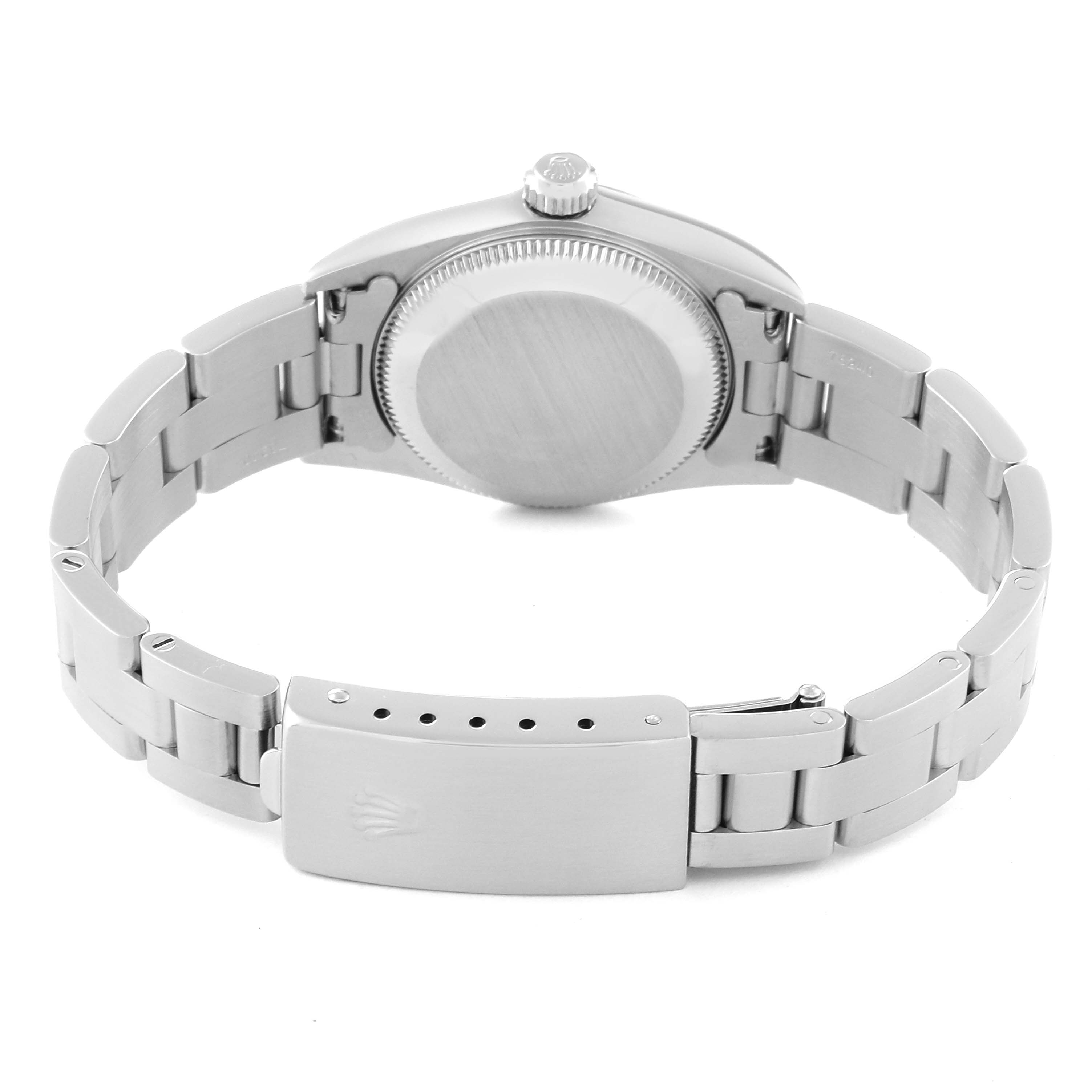 This image shows the back of a Rolex Oyster Perpetual 76080 Women's Stainless Steel Pink Dial 76080 Women's Stainless Steel Pink Dial watch, highlighting the case back, bracelet, and clasp.