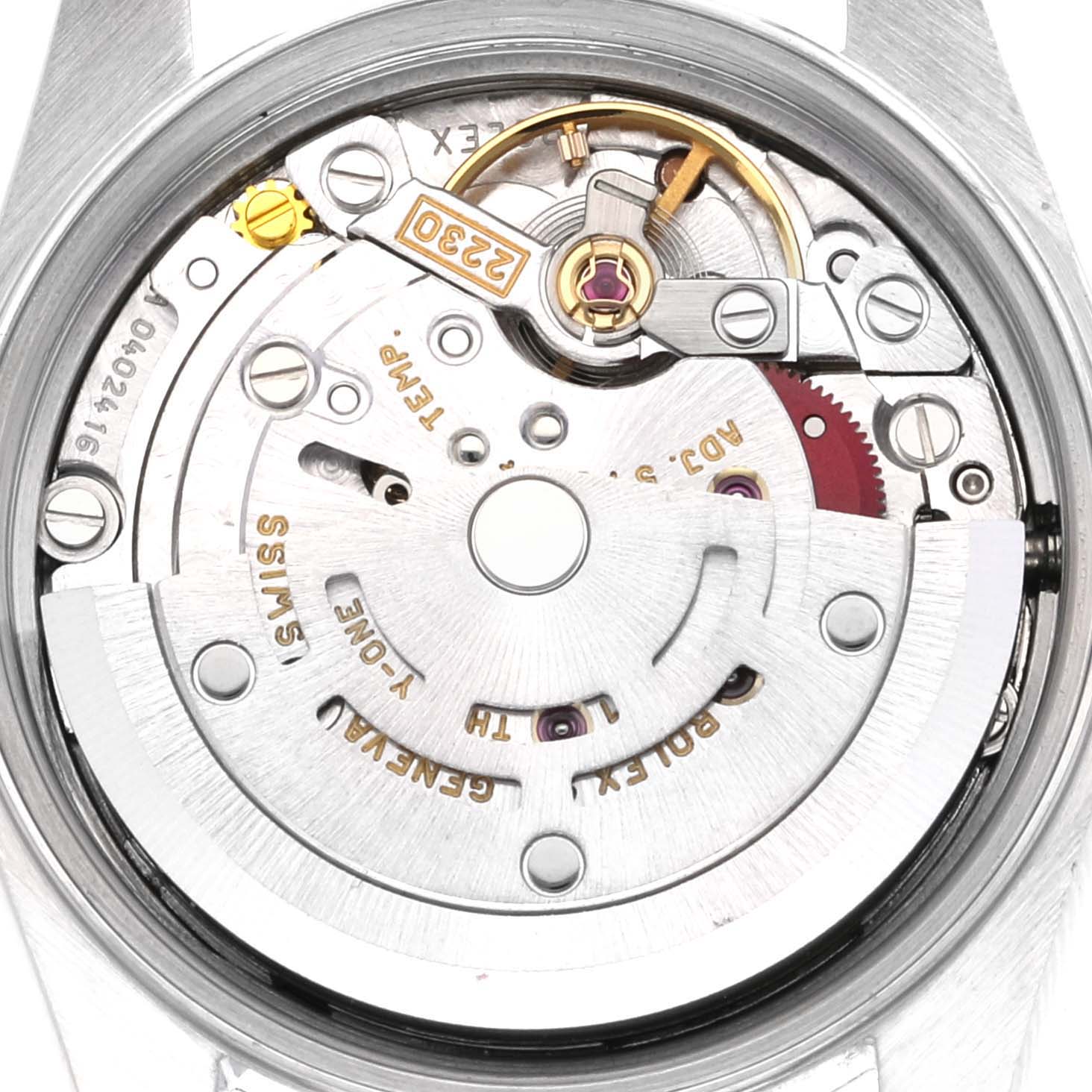 This image shows the internal mechanism of a Rolex Oyster Perpetual 76080 Women's Stainless Steel Pink Dial 76080 Women's Stainless Steel Pink Dial watch, viewed from the back with the case removed.