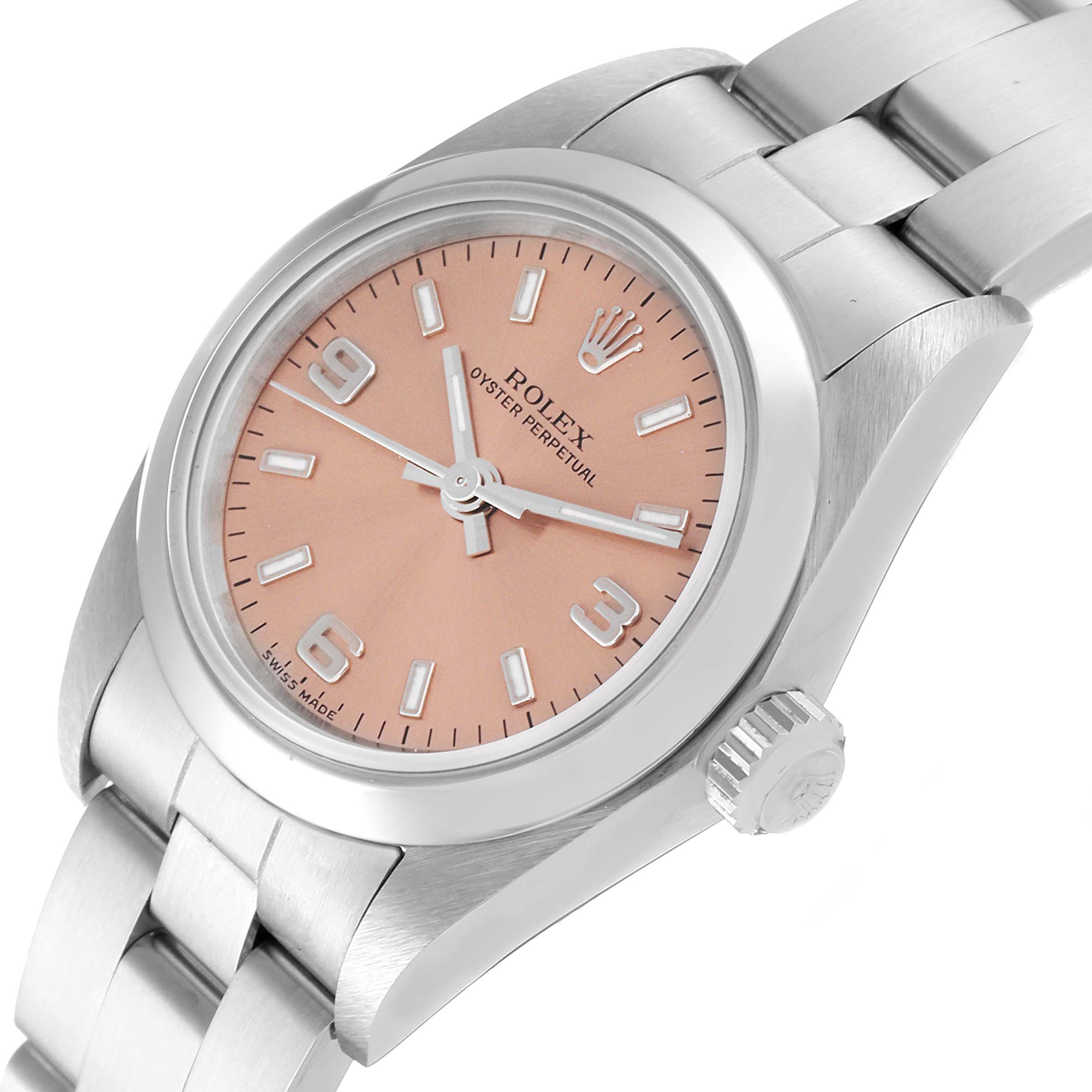 The Rolex Oyster Perpetual 76080 Women's Stainless Steel Pink Dial 76080 Women's Stainless Steel Pink Dial watch is shown at an angle displaying its face, crown, and part of the bracelet.