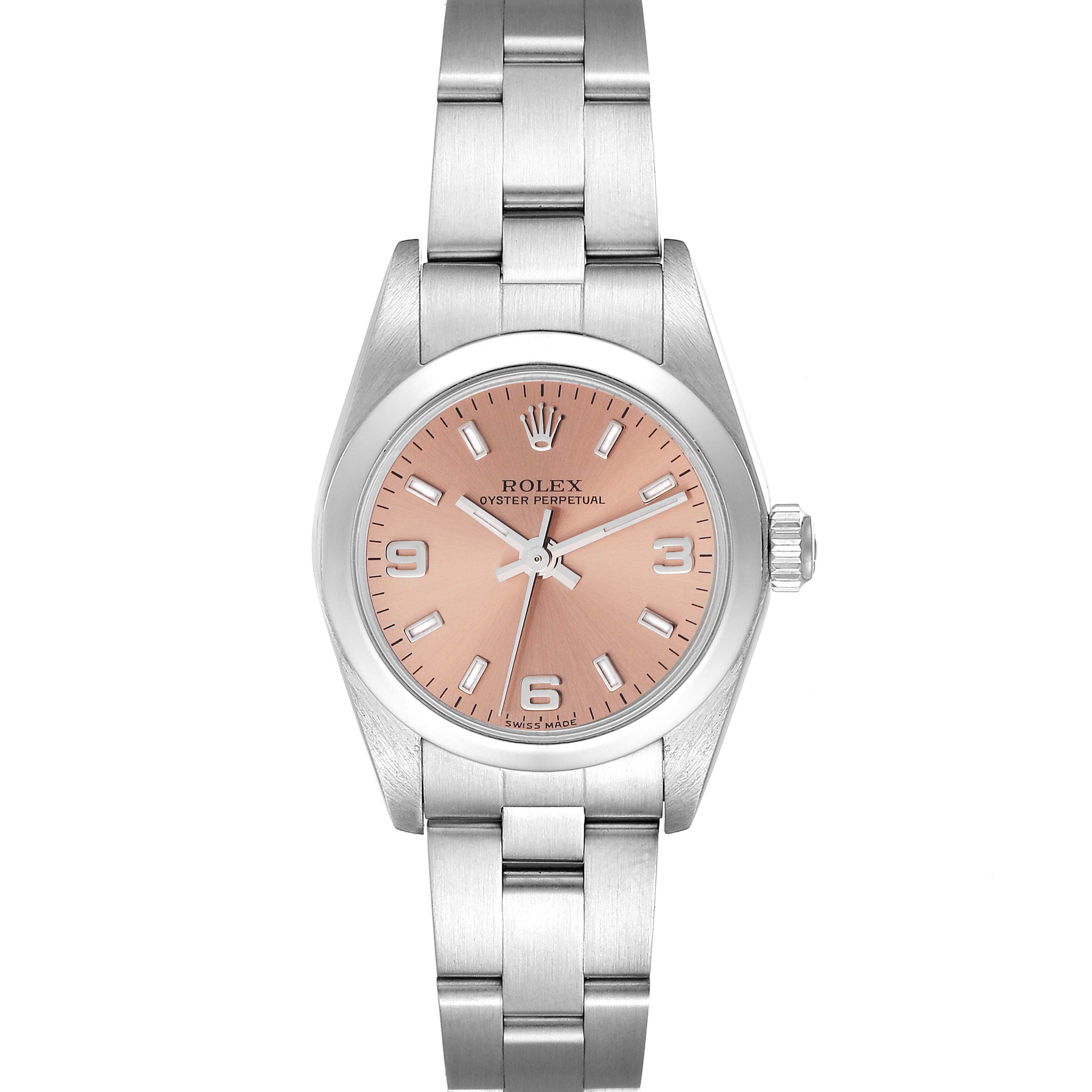 This Rolex Oyster Perpetual 76080 Women's Stainless Steel Pink Dial 76080 Women's Stainless Steel Pink Dial watch is shown from a front angle, displaying the face, bezel, and bracelet.