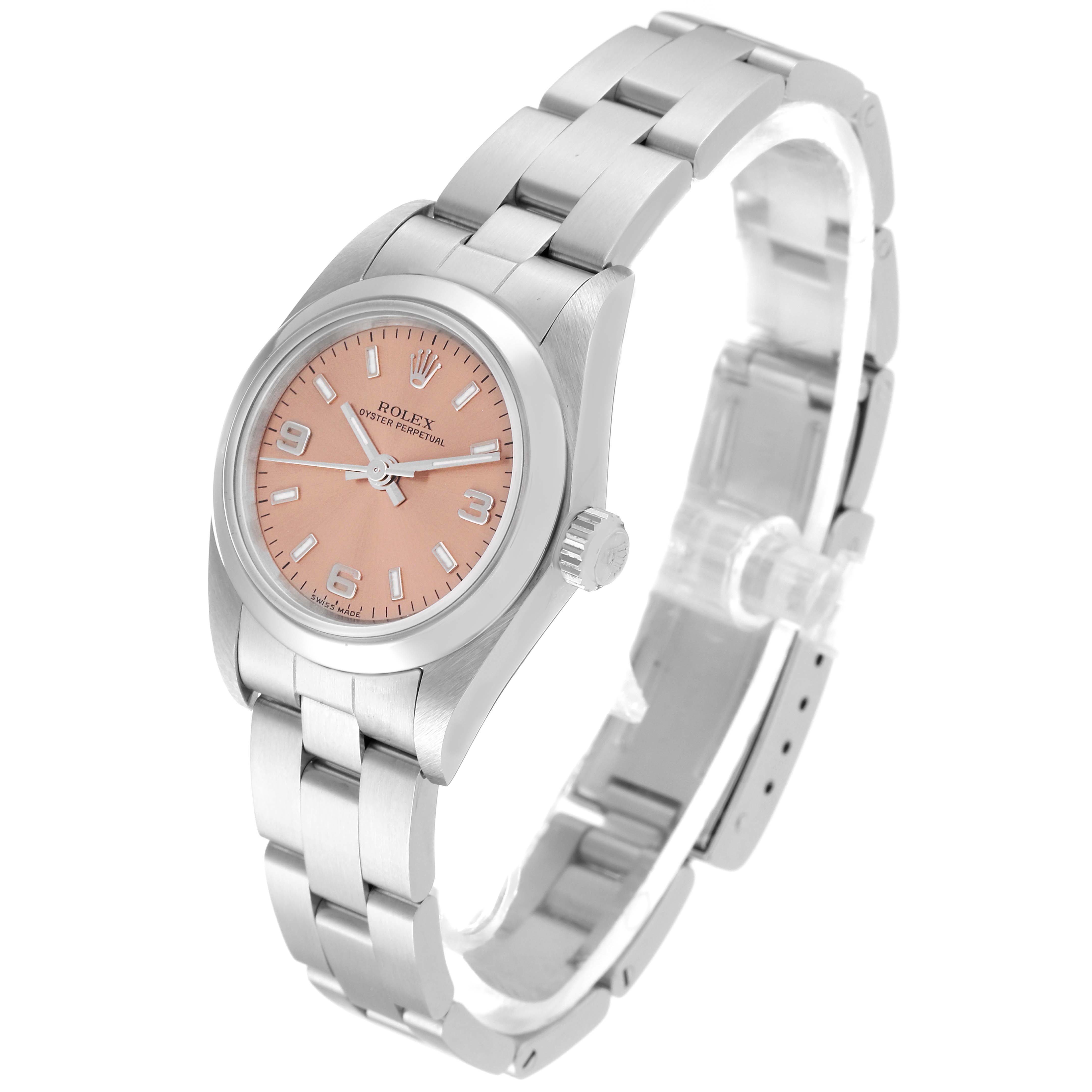 The Rolex Oyster Perpetual 76080 Women's Stainless Steel Pink Dial 76080 Women's Stainless Steel Pink Dial watch is shown at an angle highlighting the dial, crown, bracelet, and clasp.