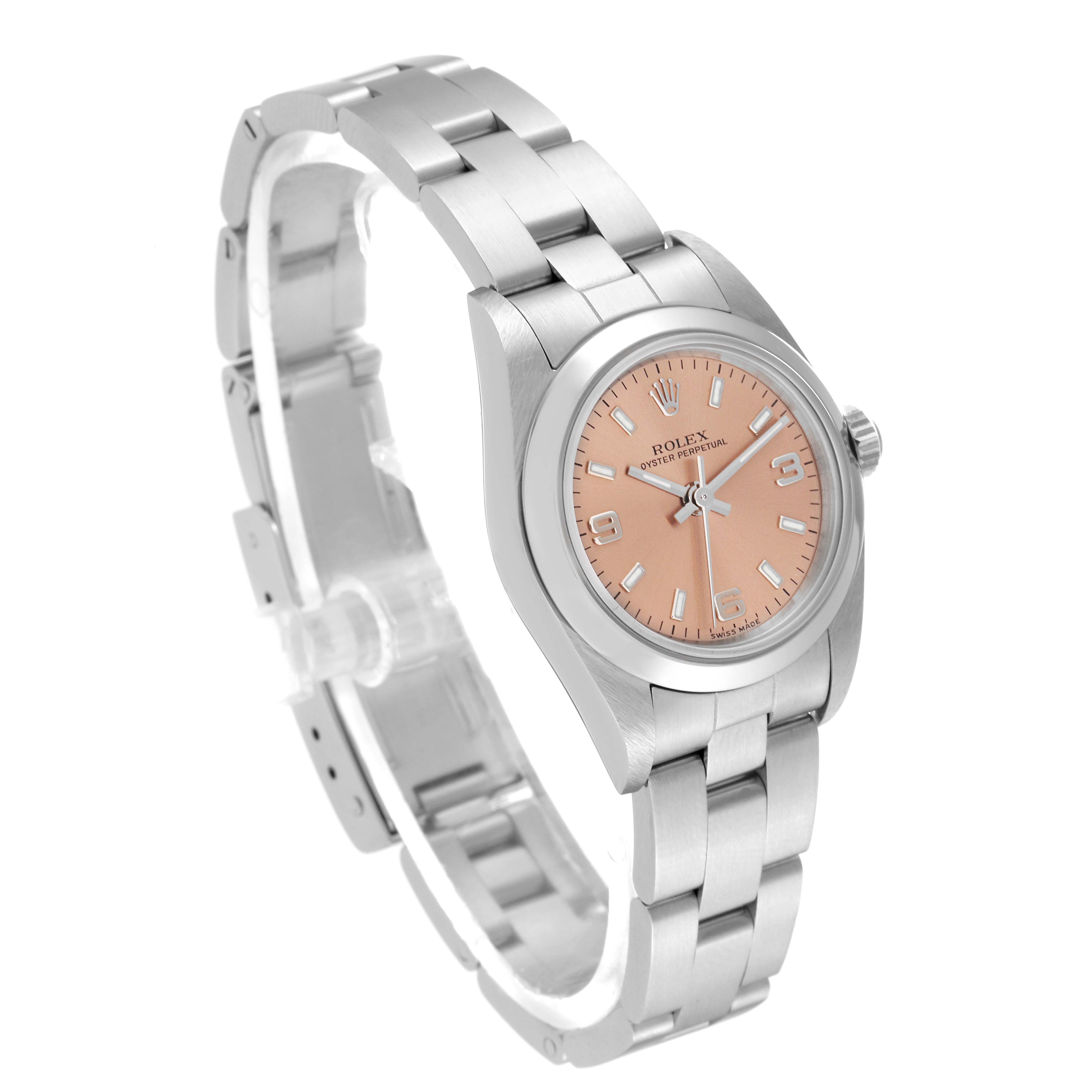 The image shows a Rolex Oyster Perpetual 76080 Women's Stainless Steel Pink Dial 76080 Women's Stainless Steel Pink Dial watch at a slight side angle displaying the bracelet, case, and dial.