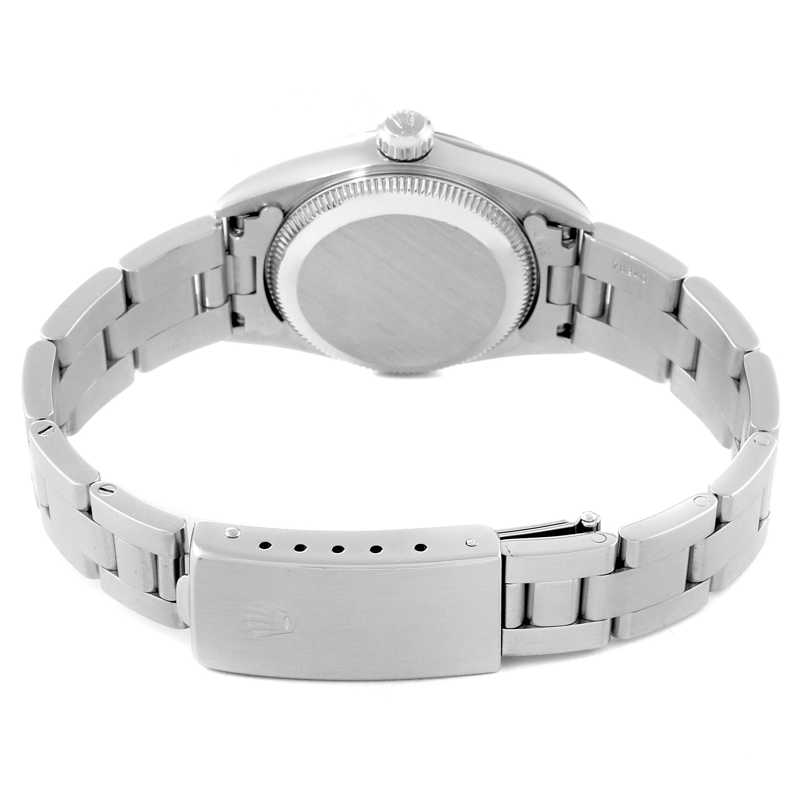 This image shows the back view and clasp of the Rolex Oyster Perpetual 76094 Women's Stainless Steel Blue Dial 76094 Women's Stainless Steel Blue Dial watch, highlighting the metal bracelet.