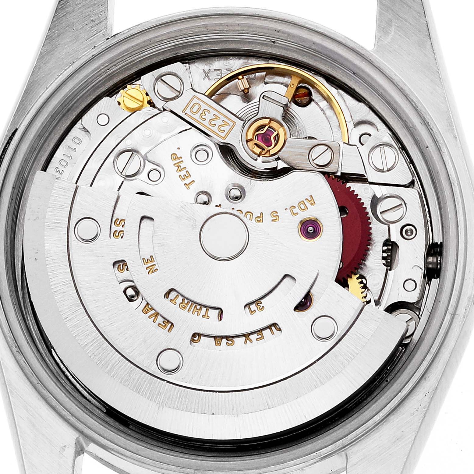 The image shows the inner mechanism and movement of a Rolex Oyster Perpetual 76094 Women's Stainless Steel Blue Dial 76094 Women's Stainless Steel Blue Dial watch from a top-down view.