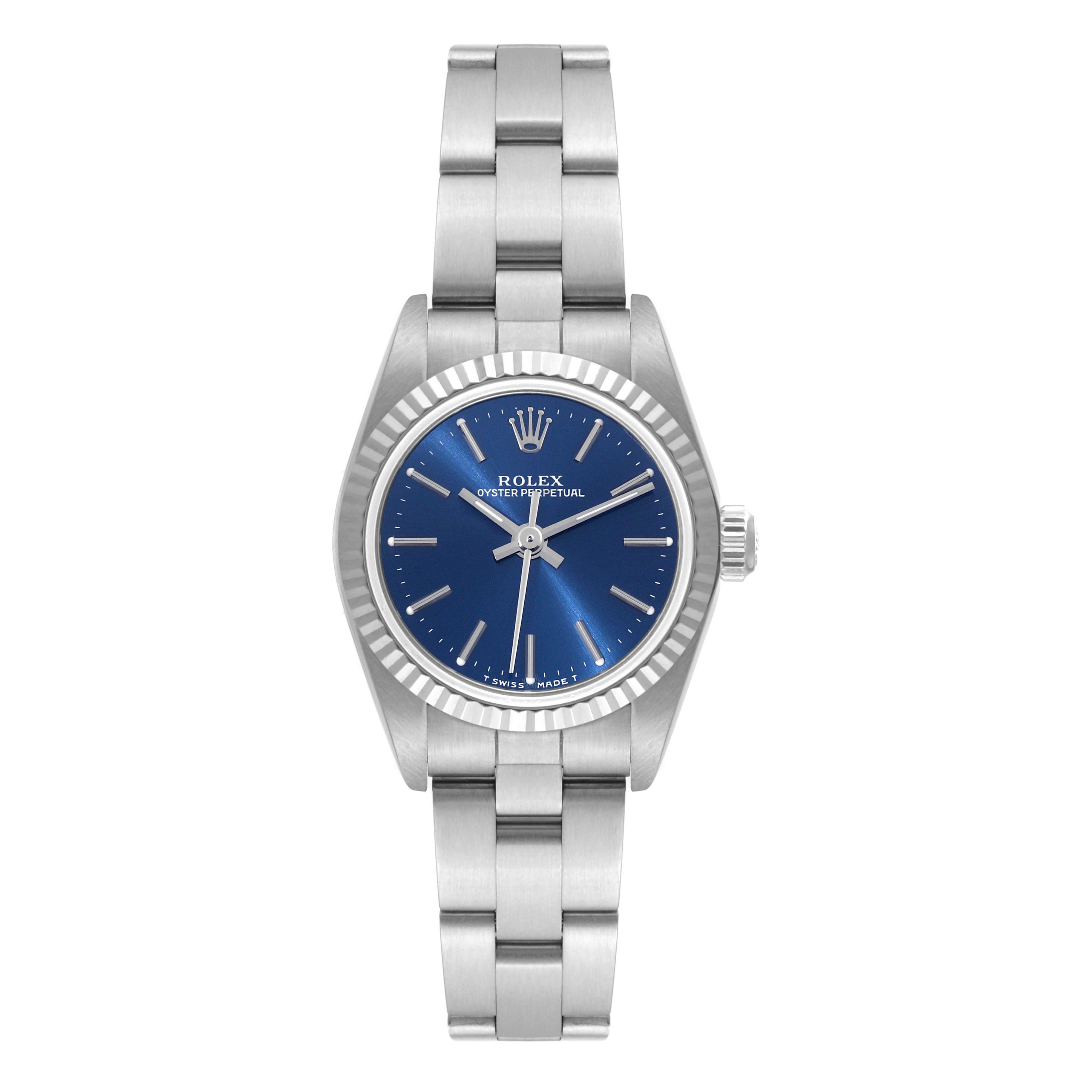 This image shows a Rolex Oyster Perpetual 76094 Women's Stainless Steel Blue Dial 76094 Women's Stainless Steel Blue Dial watch from a front angle, featuring the face, bezel, and bracelet.