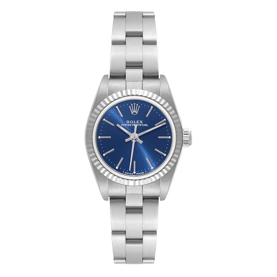 Rolex Oyster Perpetual Steel White Gold Blue Dial Watch 76094 Box Papers SwissWatchExpo
