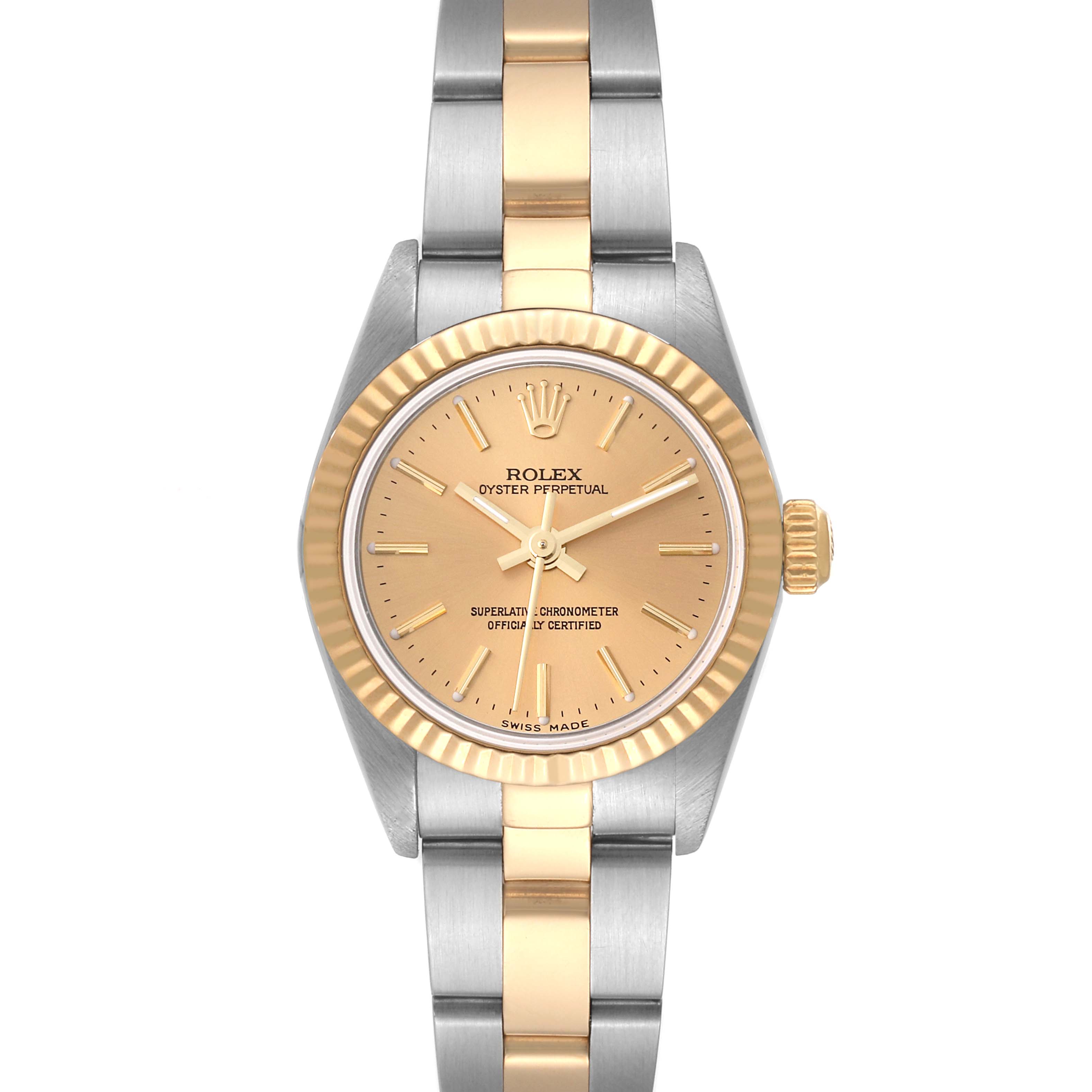 The image shows a front view of a Rolex Oyster Perpetual 76193 Women's Steel and Gold (two tone) Champagne Dial 76193 Women's Steel and Gold (two tone) Champagne Dial watch, featuring a two-tone gold and stainless steel bracelet.