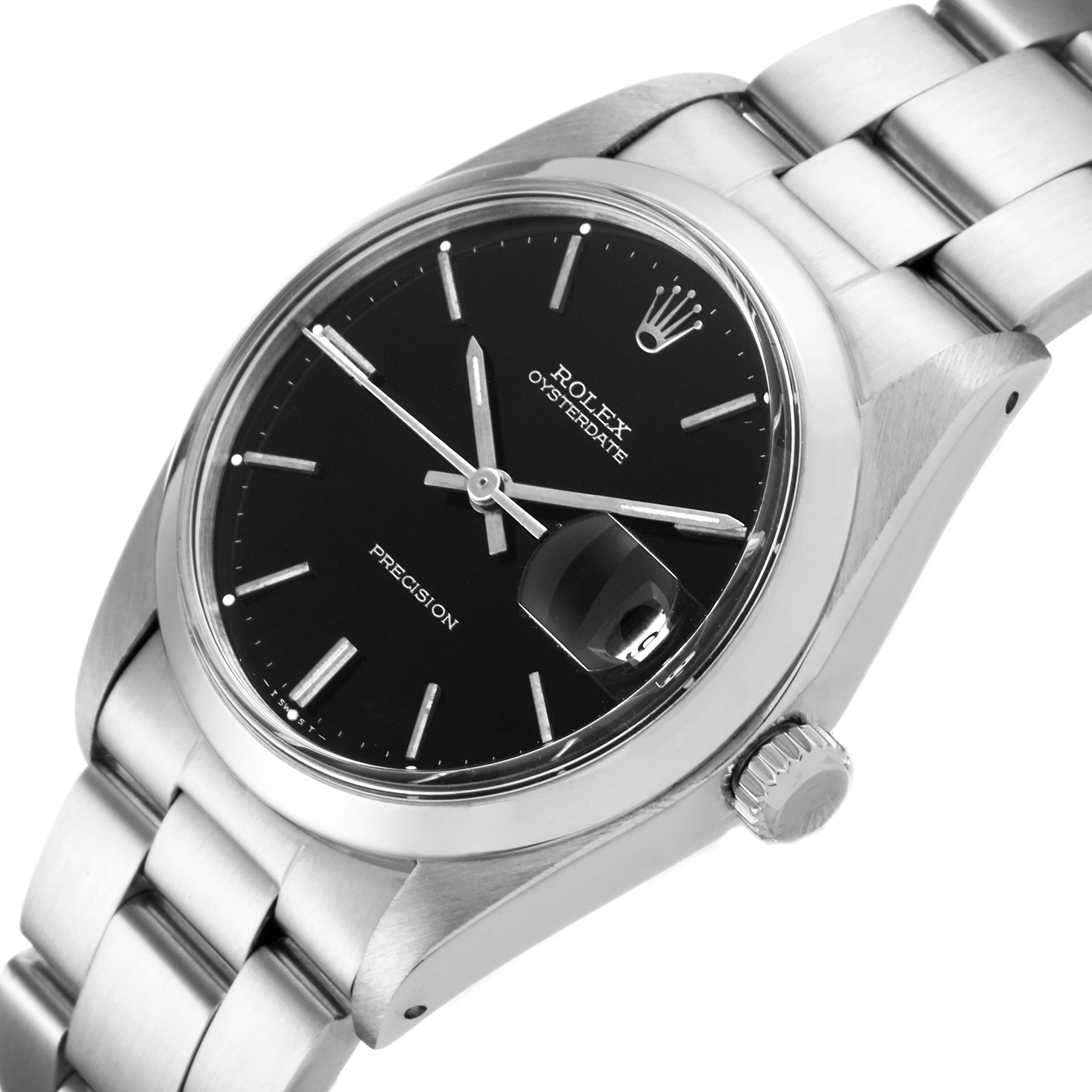 This image shows a close-up angle of a Rolex Vintage Collection 6694 Men's Stainless Steel Black Dial 6694 Men's Stainless Steel Black Dial watch, highlighting its black dial, metal bracelet, and crown.