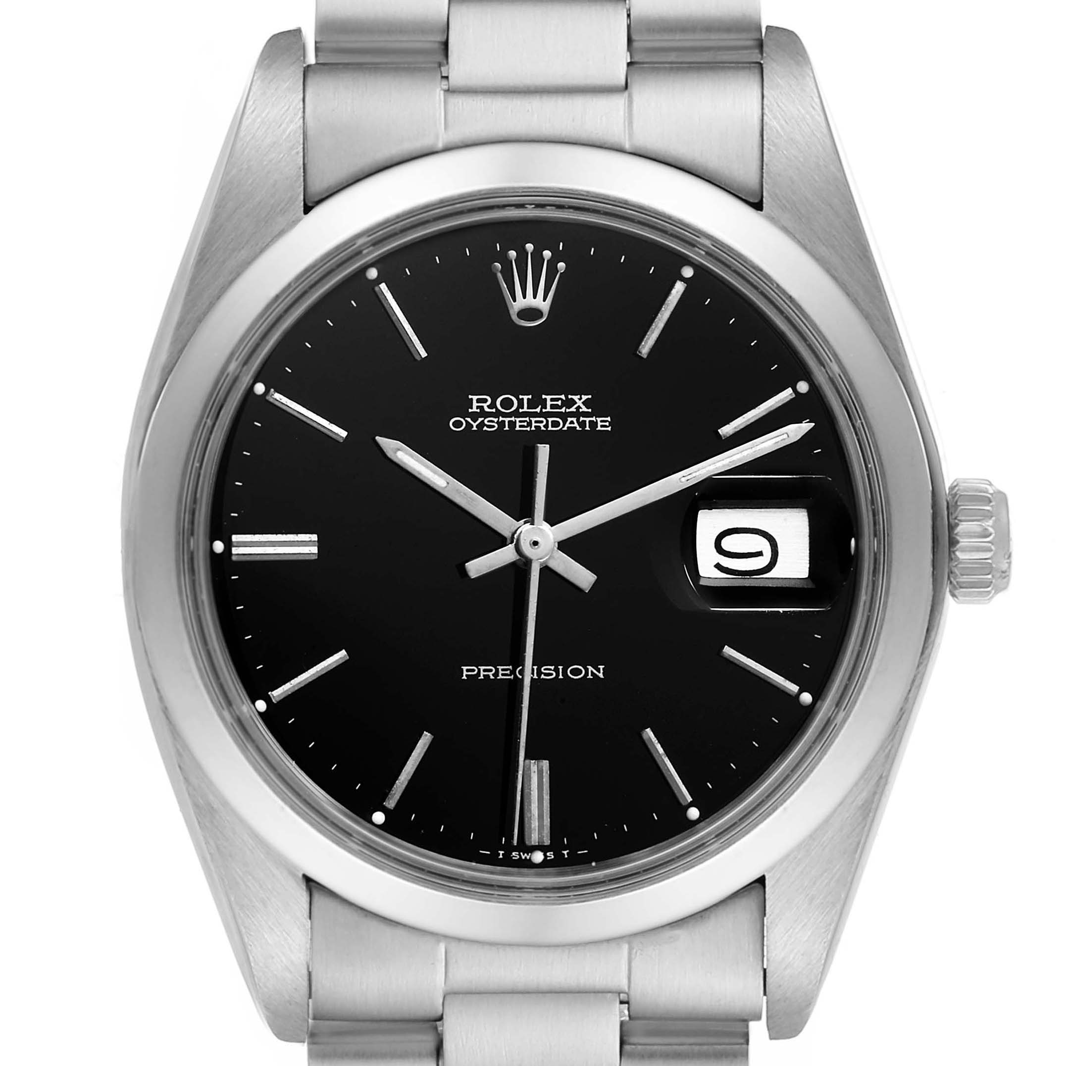This is a frontal view of the Rolex Vintage Collection 6694 Men's Stainless Steel Black Dial 6694 Men's Stainless Steel Black Dial watch model, showcasing the dial, crown, and part of the bracelet.