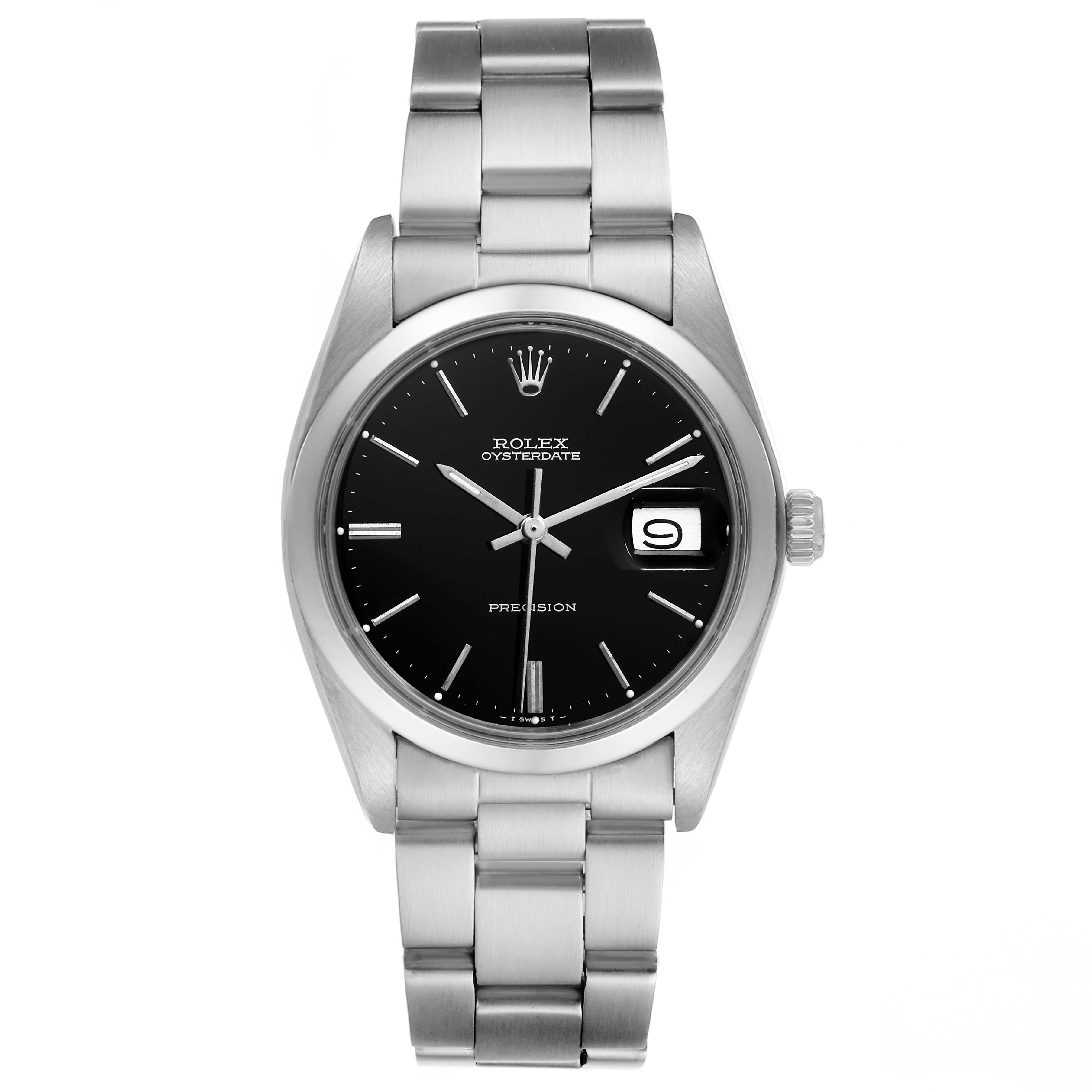 The image shows a front view of a Rolex Vintage Collection 6694 Men's Stainless Steel Black Dial 6694 Men's Stainless Steel Black Dial Oysterdate watch, highlighting the black dial, date display, and stainless steel bracelet.