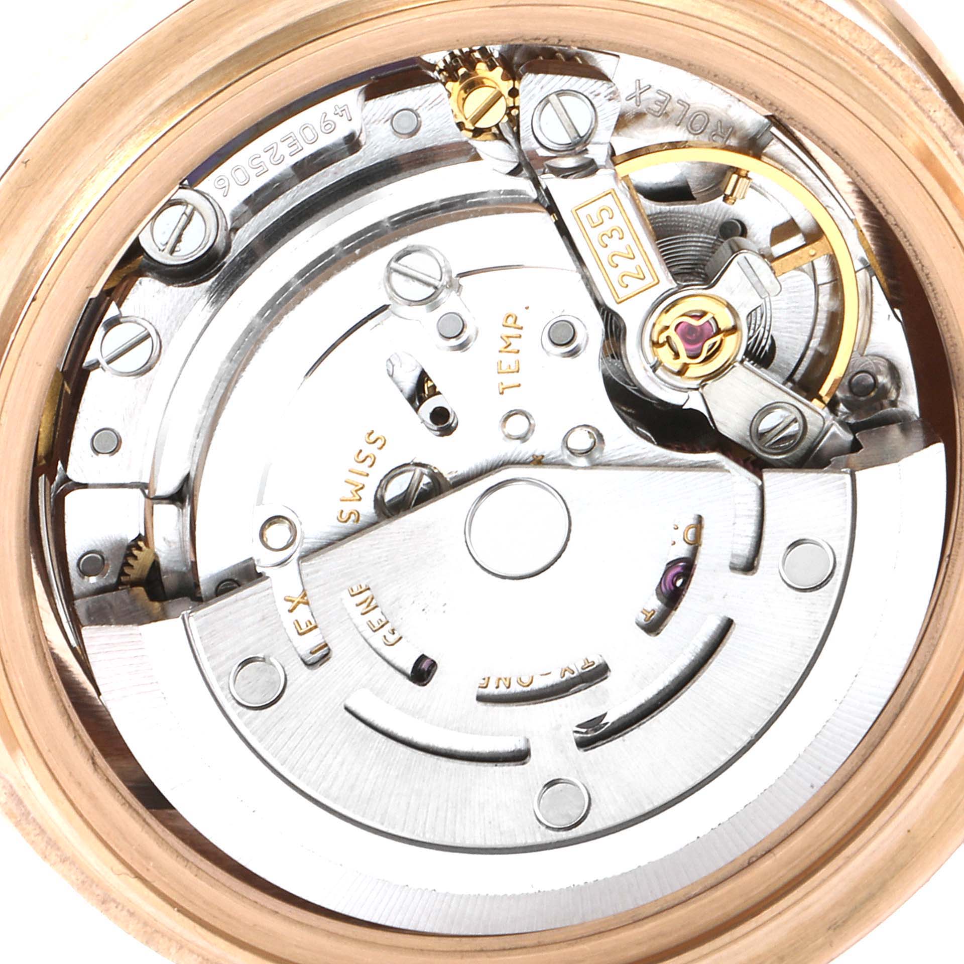 The image shows the internal mechanical movement of a Rolex Pearlmaster 80315 Women's Rose Gold Brown Dial 80315 Women's Rose Gold Brown Dial watch from a top-down angle.