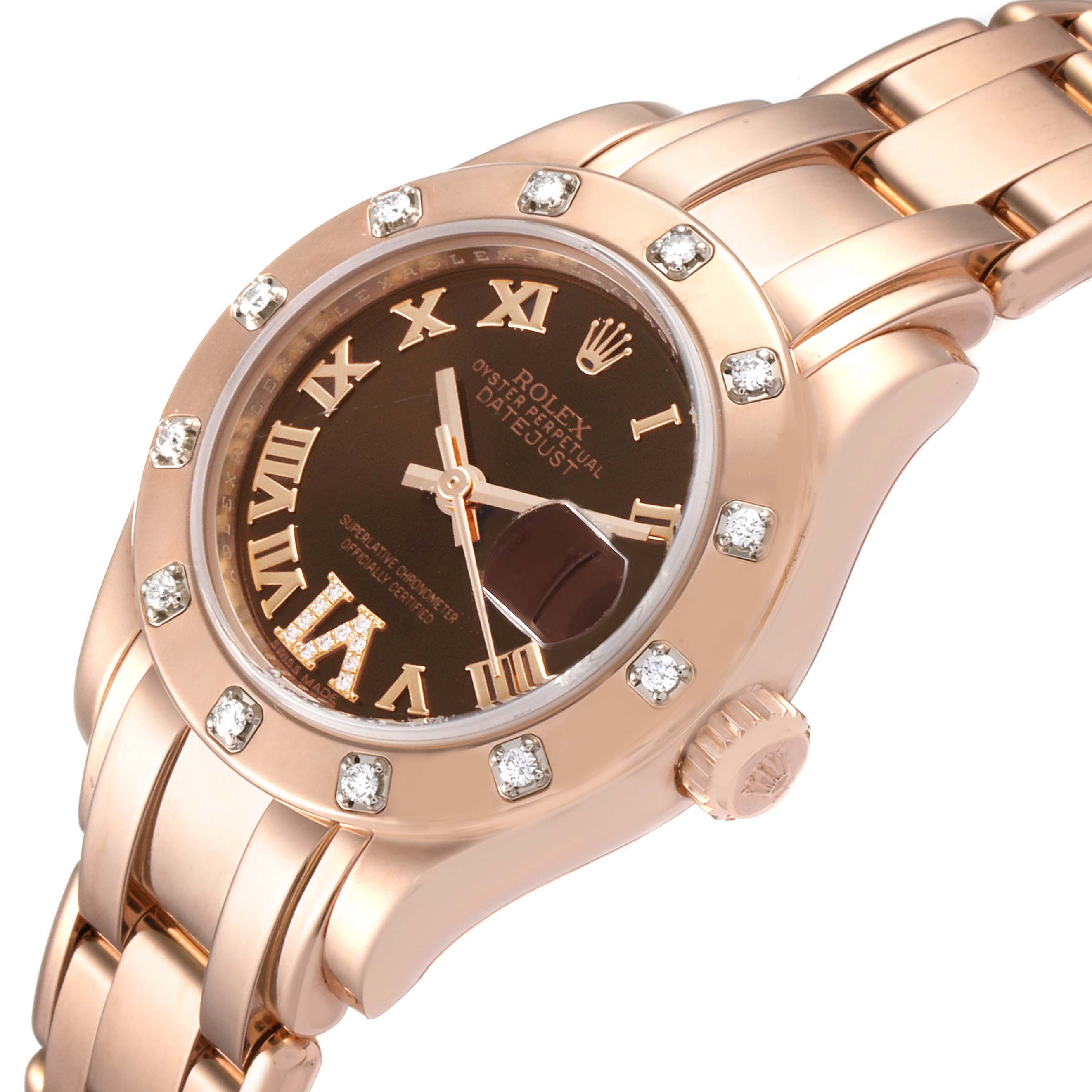 The image shows a Rolex Pearlmaster 80315 Women's Rose Gold Brown Dial 80315 Women's Rose Gold Brown Dial watch at a slight angle, highlighting its face, bezel, and part of the bracelet.